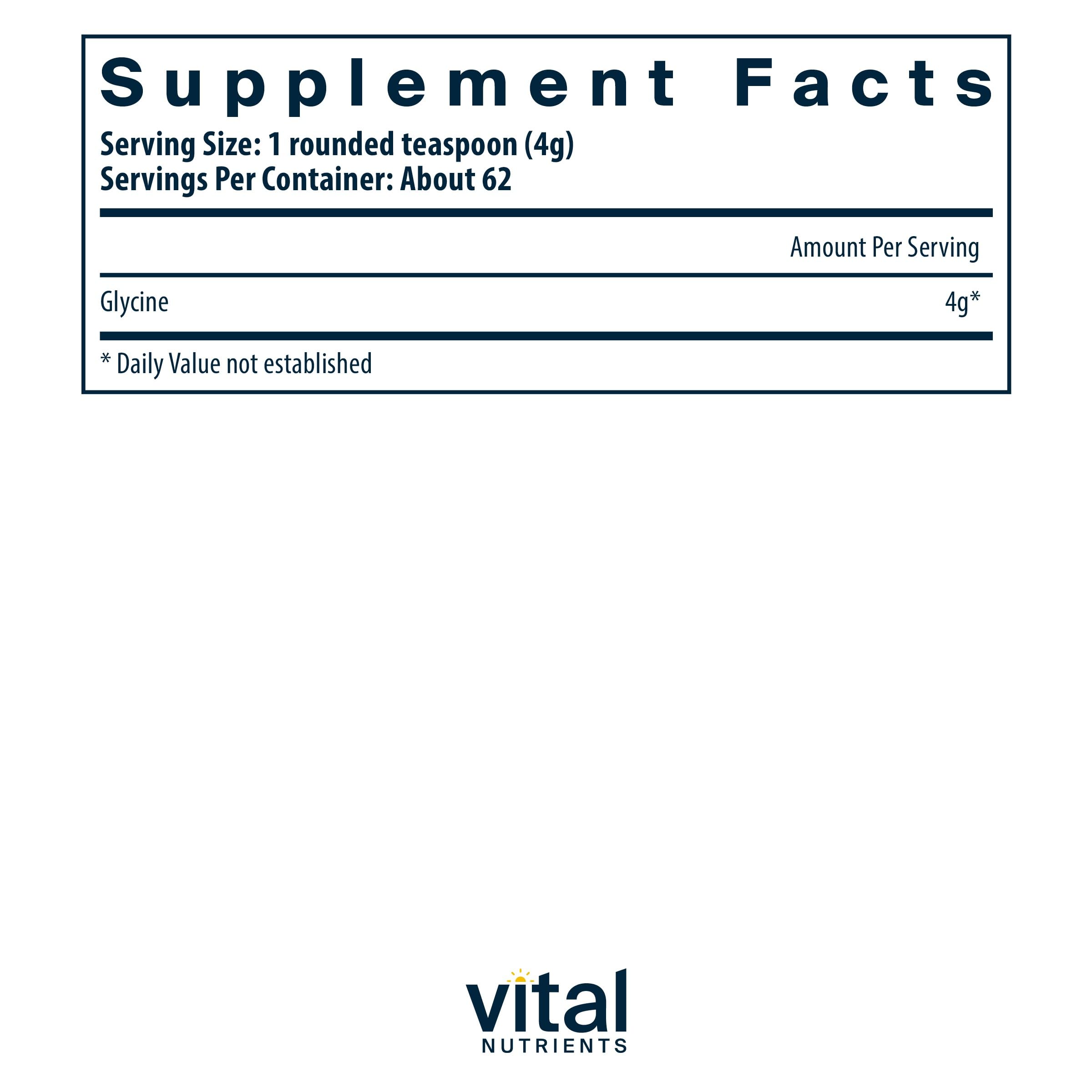 Vital Nutrients glicina en polvo, medidor: uso nocturno para descanso suave