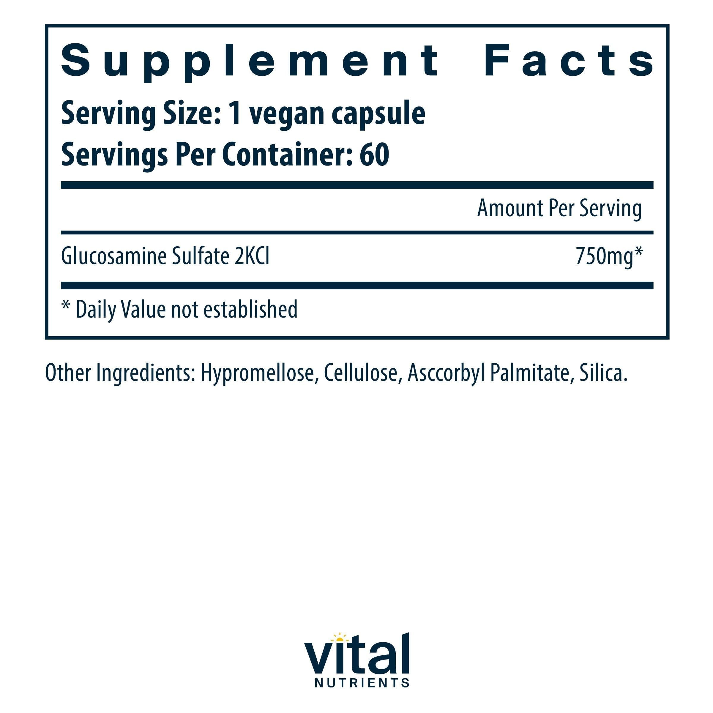 Vital Nutrients glucosamina sulfato vegano, cápsulas de 750 mg, soporte potencial para articulaciones.