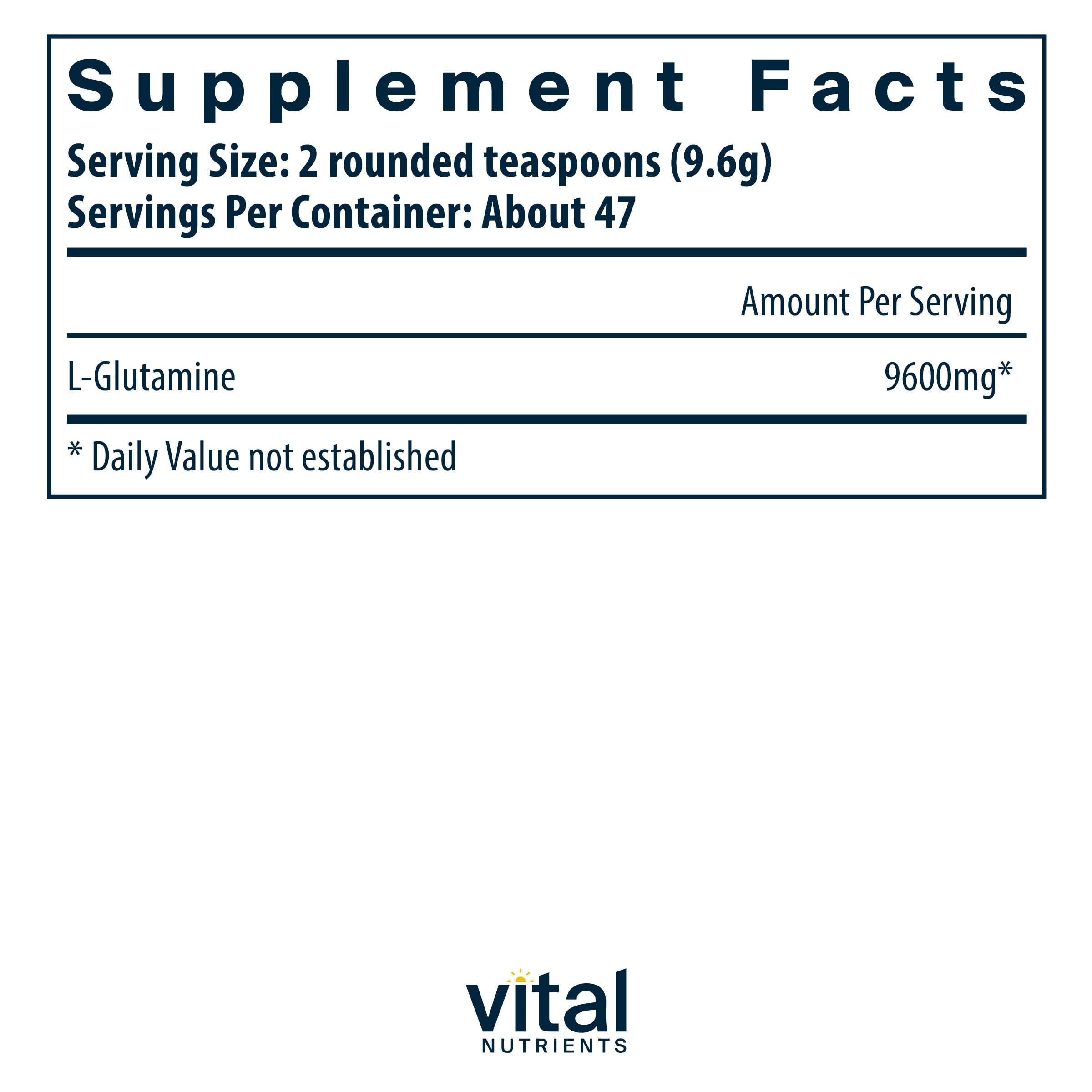 Vital Nutrients Glutamina: cucharita medidora, dosis conveniente para uso diario.