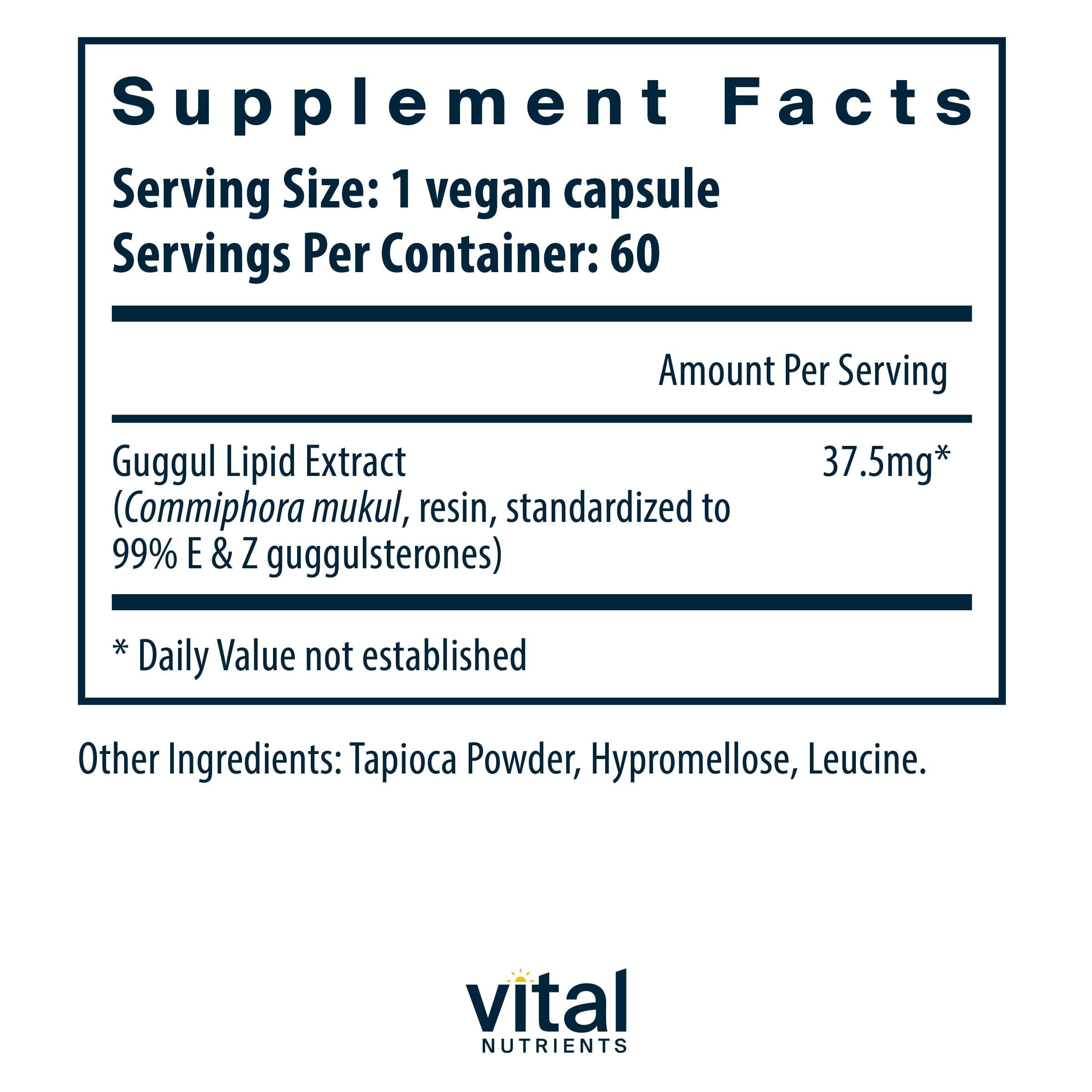 Vital Nutrients Guggul E & Z, etiqueta detalle, fórmula vegana y libre de alérgenos