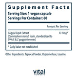 Vital Nutrients Guggul E & Z, etiqueta detalle, fórmula vegana y libre de alérgenos