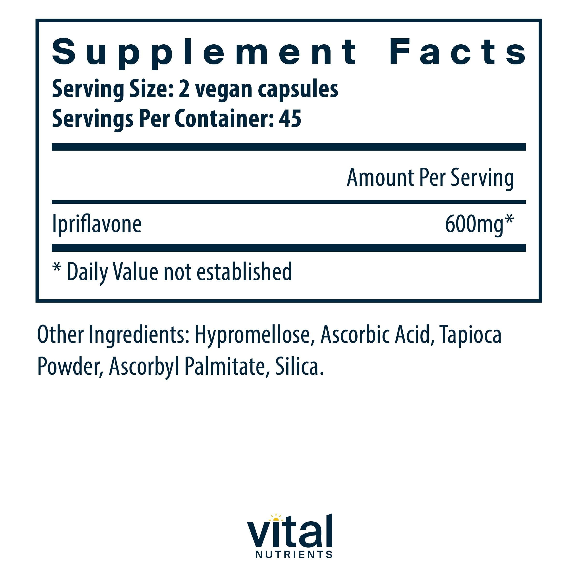 Vital Nutrients Ipriflavona 600mg: cápsulas en primer plano para salud ósea
