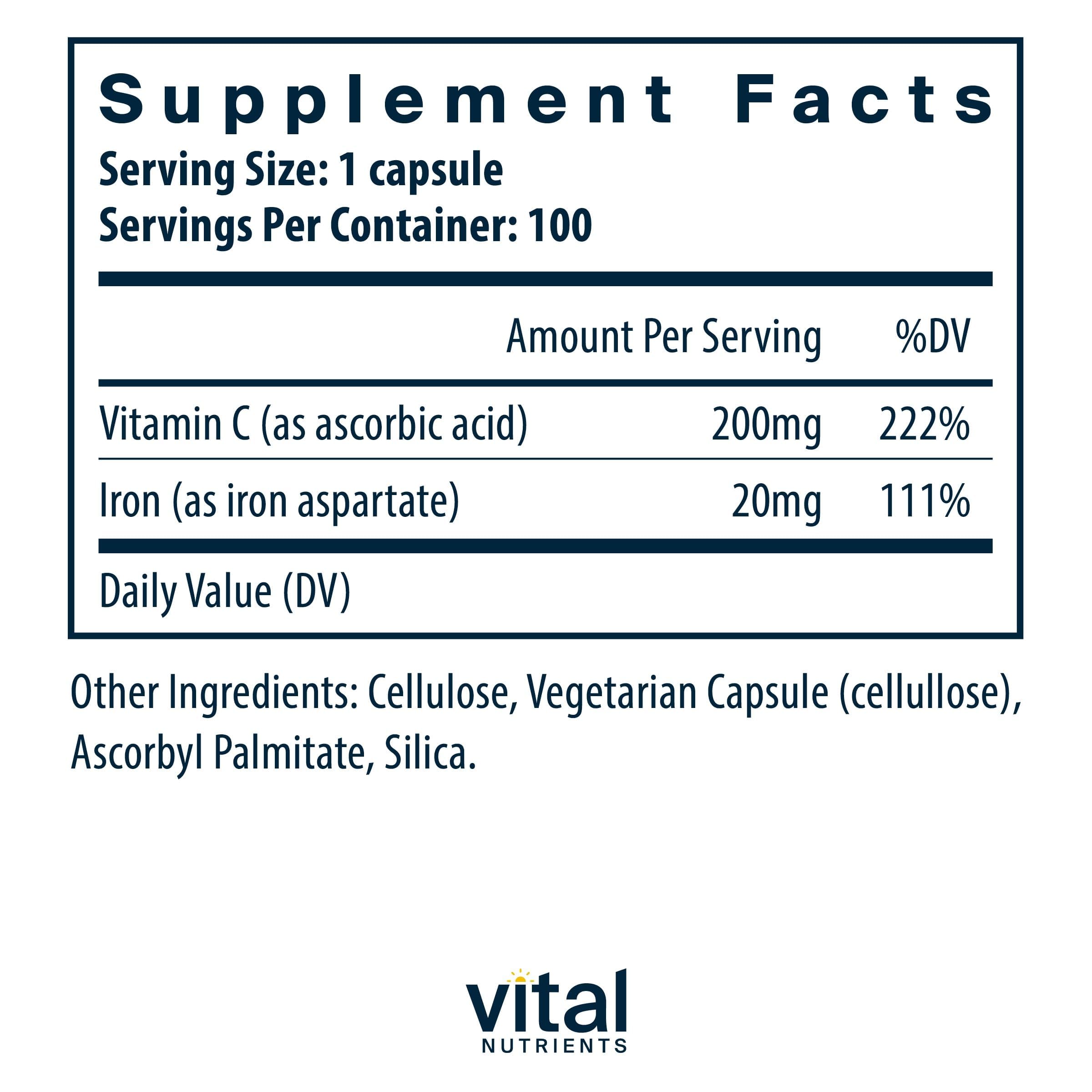 Vital Nutrients Iron Plus C, etiqueta clara con información clave de ingredientes