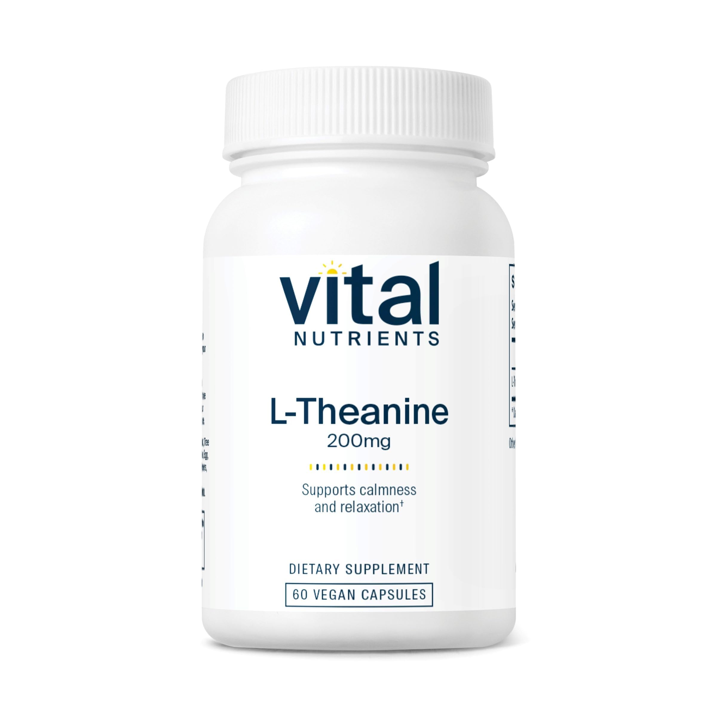 Vital Nutrients L-teanina 200 mg: botella frontal para relajación suave.