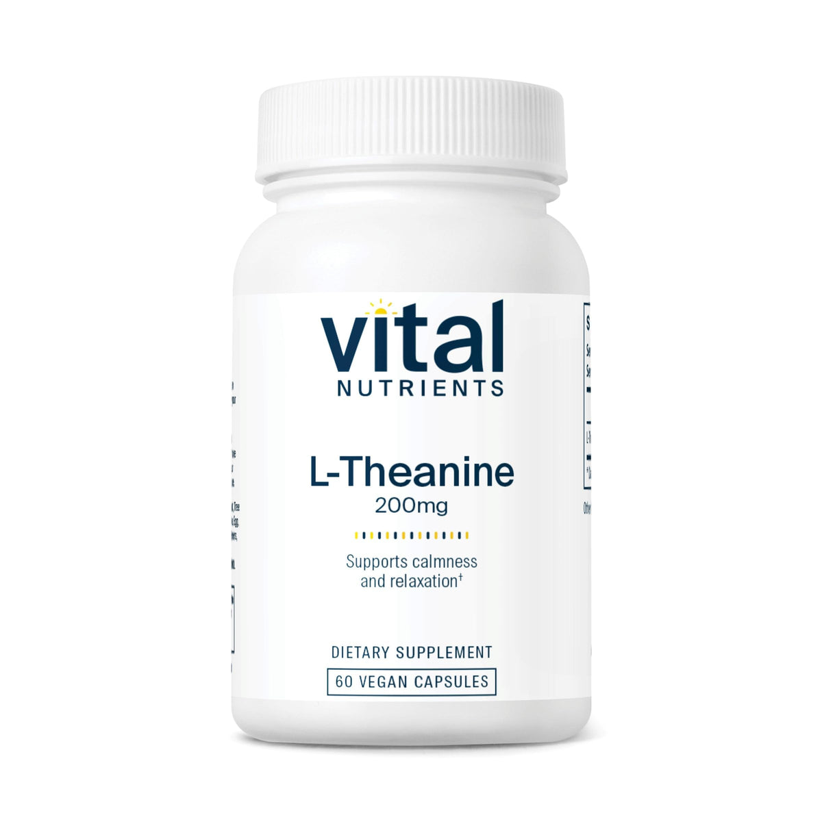 Vital Nutrients L-teanina 200 mg: botella frontal para relajación suave.