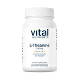 Vital Nutrients L-teanina 200 mg: botella frontal para relajación suave.