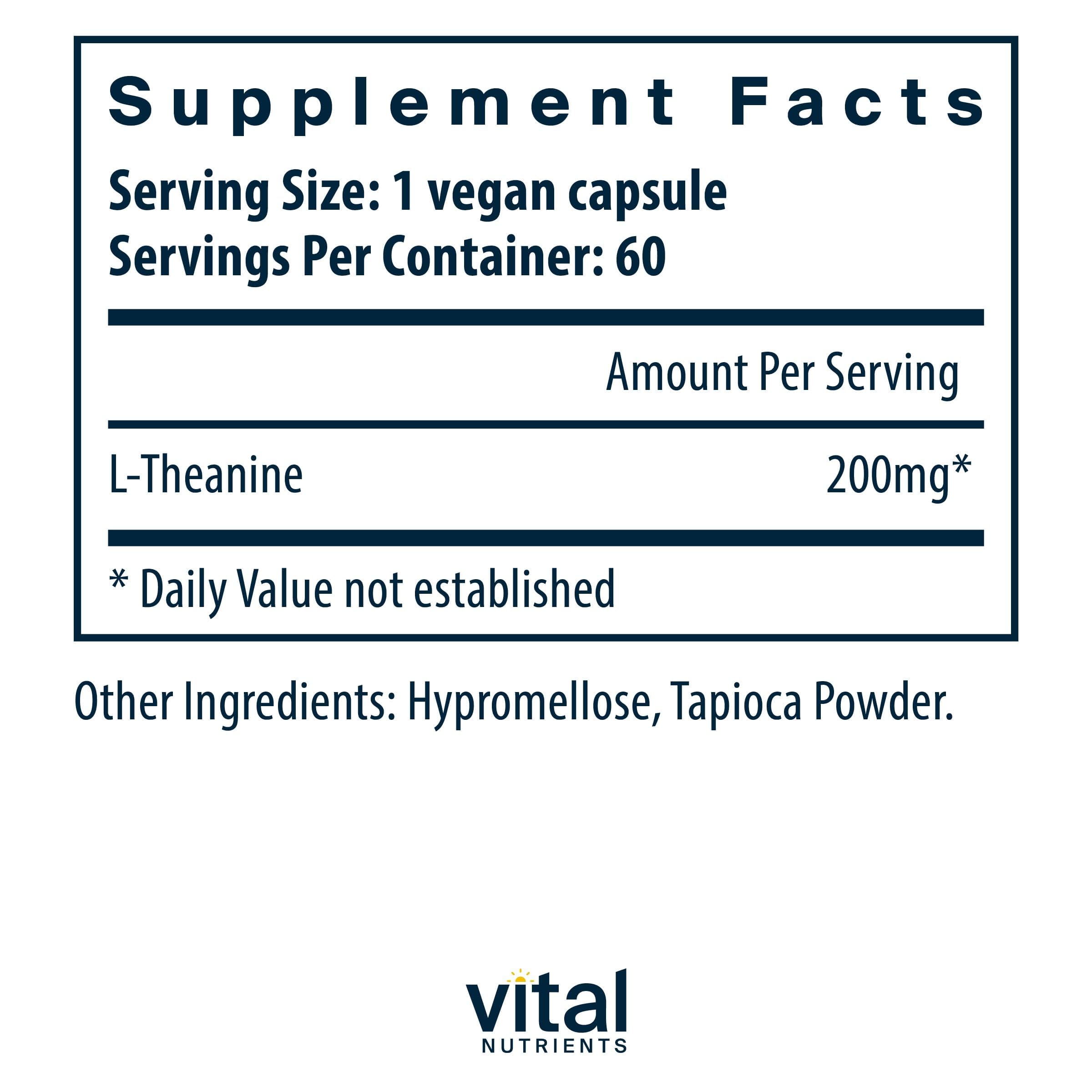 Vital Nutrients L-teanina 200 mg: cápsulas en primer plano para claridad mental.