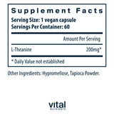 Vital Nutrients L-teanina 200 mg: cápsulas en primer plano para claridad mental.
