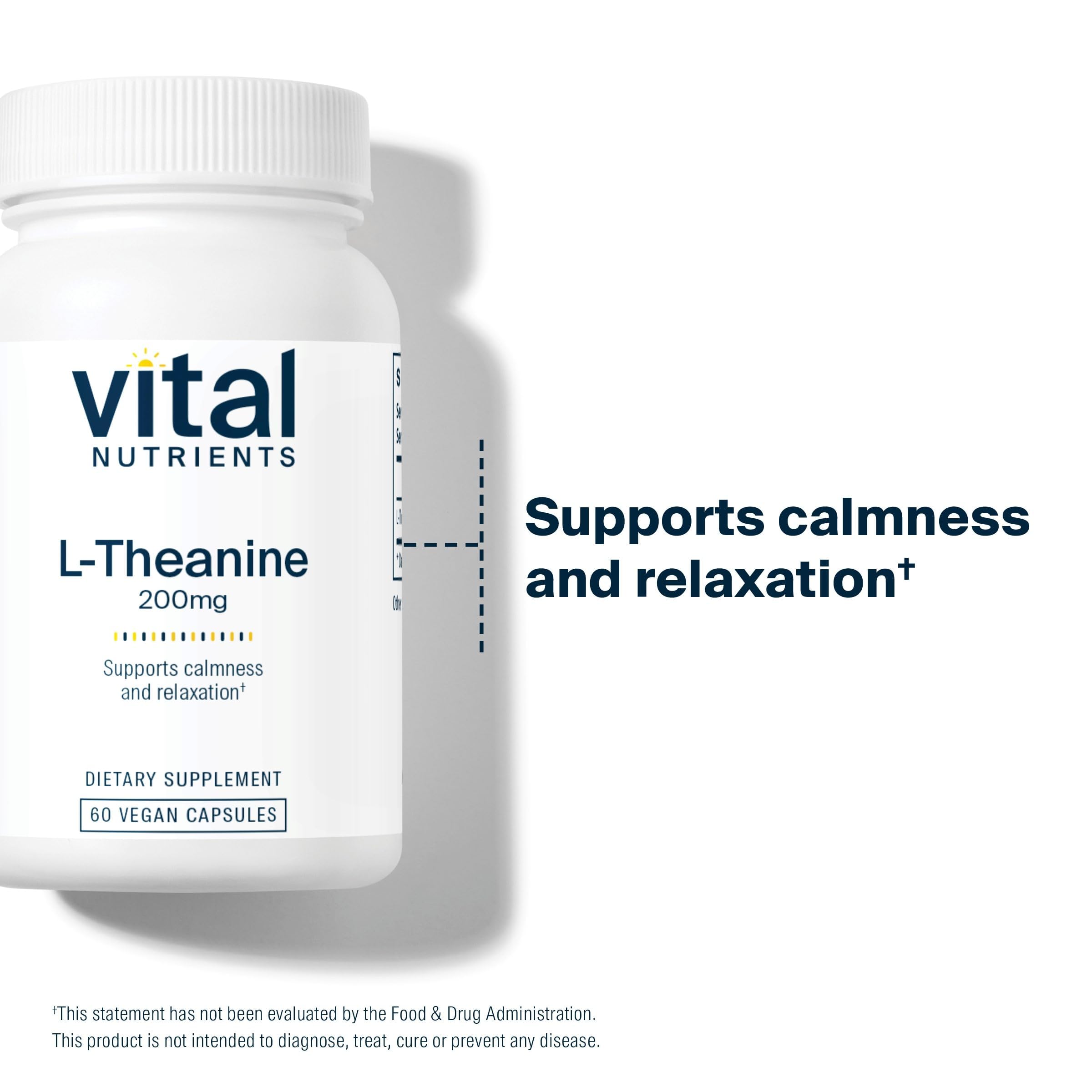 Vital Nutrients L-teanina 200 mg: etiqueta vegana que destaca fórmula limpia.