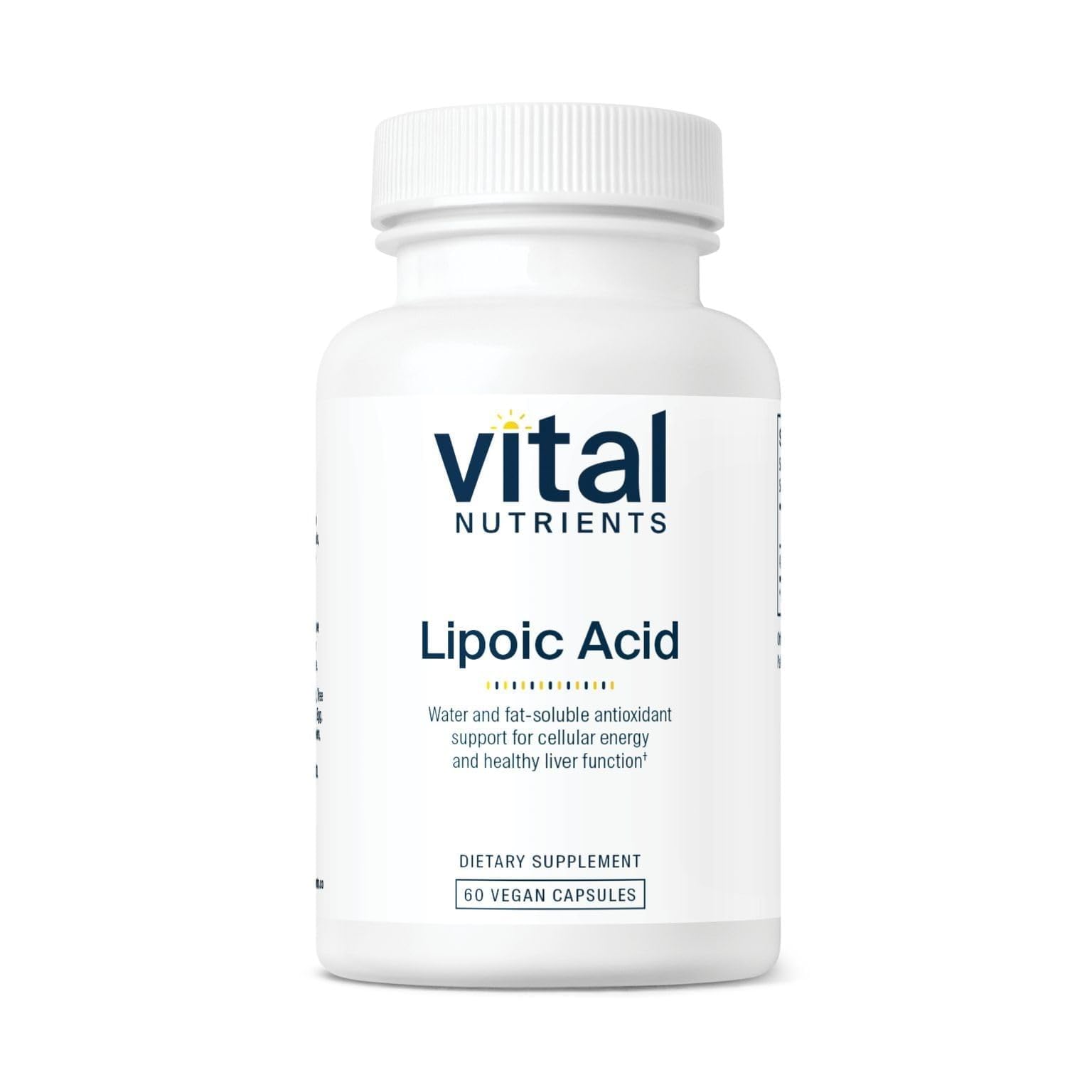 Vital Nutrients Lipoic Acid 300 mg en botella, soporte antioxidante para metabolismo activo.