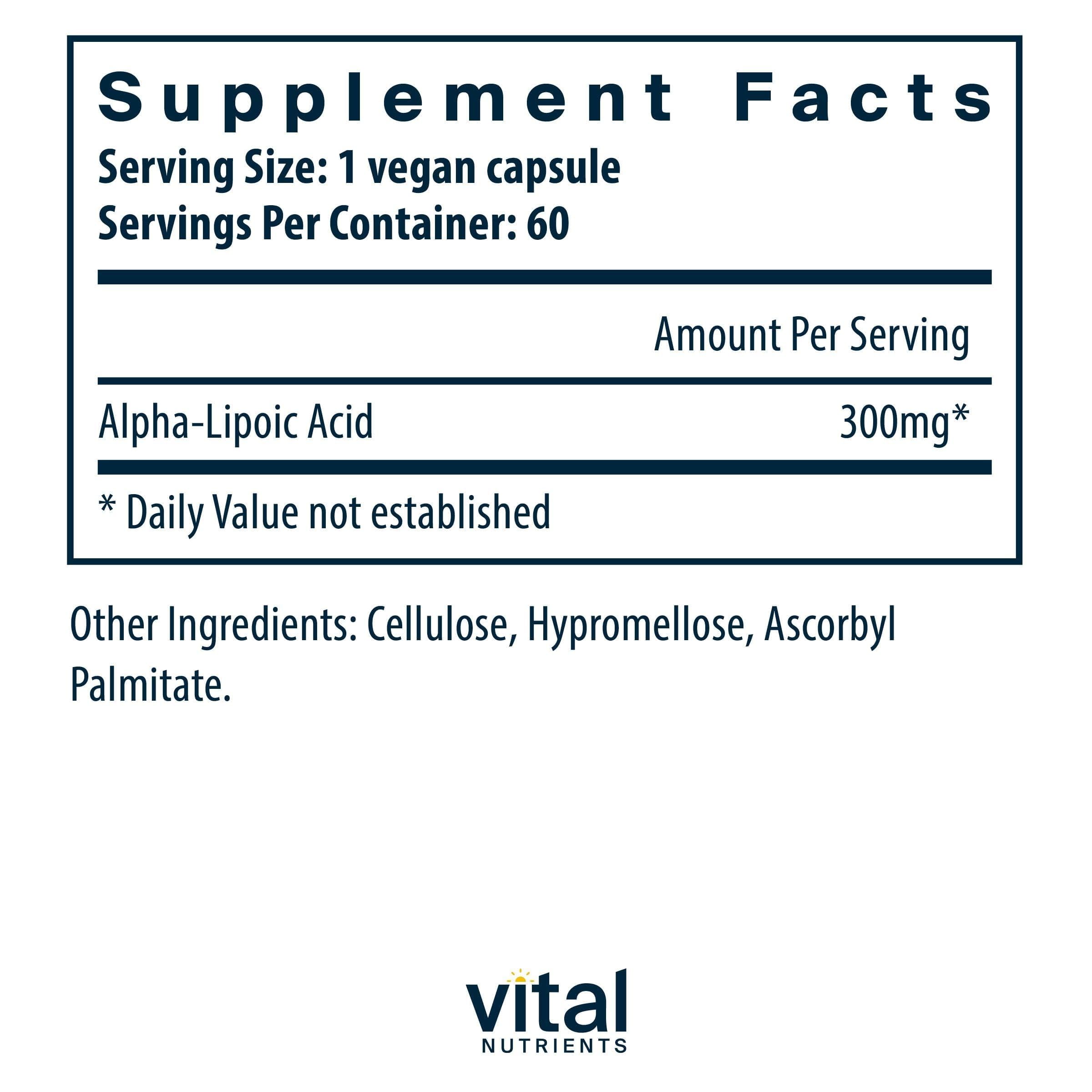 Vital Nutrients Lipoic Acid 300 mg, etiqueta clara y legible para revisar ingredientes clave.