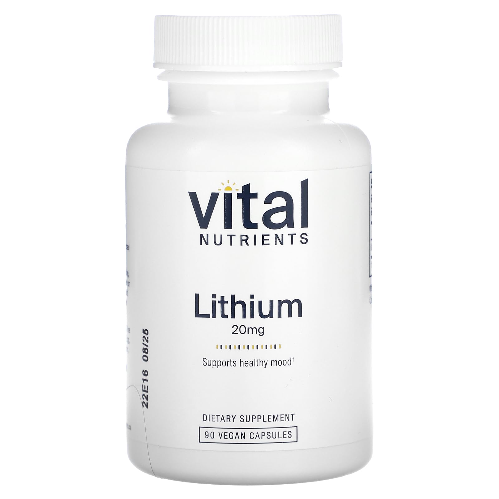 Vital Nutrients Litio Orotate, botella: muestra la fórmula vegana para equilibrio emocional.