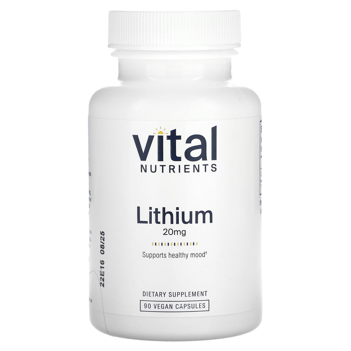 Vital Nutrients Litio Orotate, botella: muestra la fórmula vegana para equilibrio emocional.
