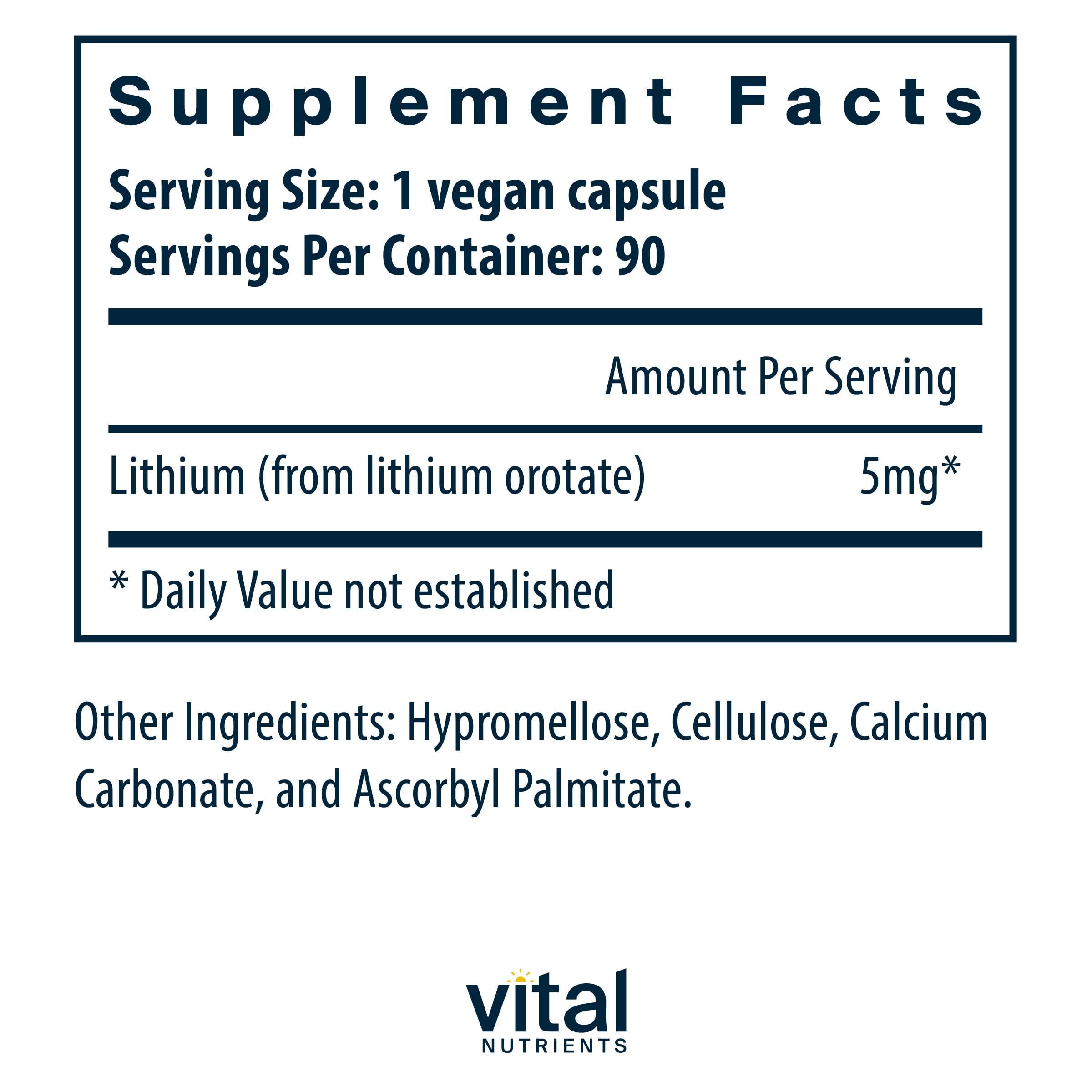 Vital Nutrients Litio Orotate: cápsulas listas para uso diario consciente.