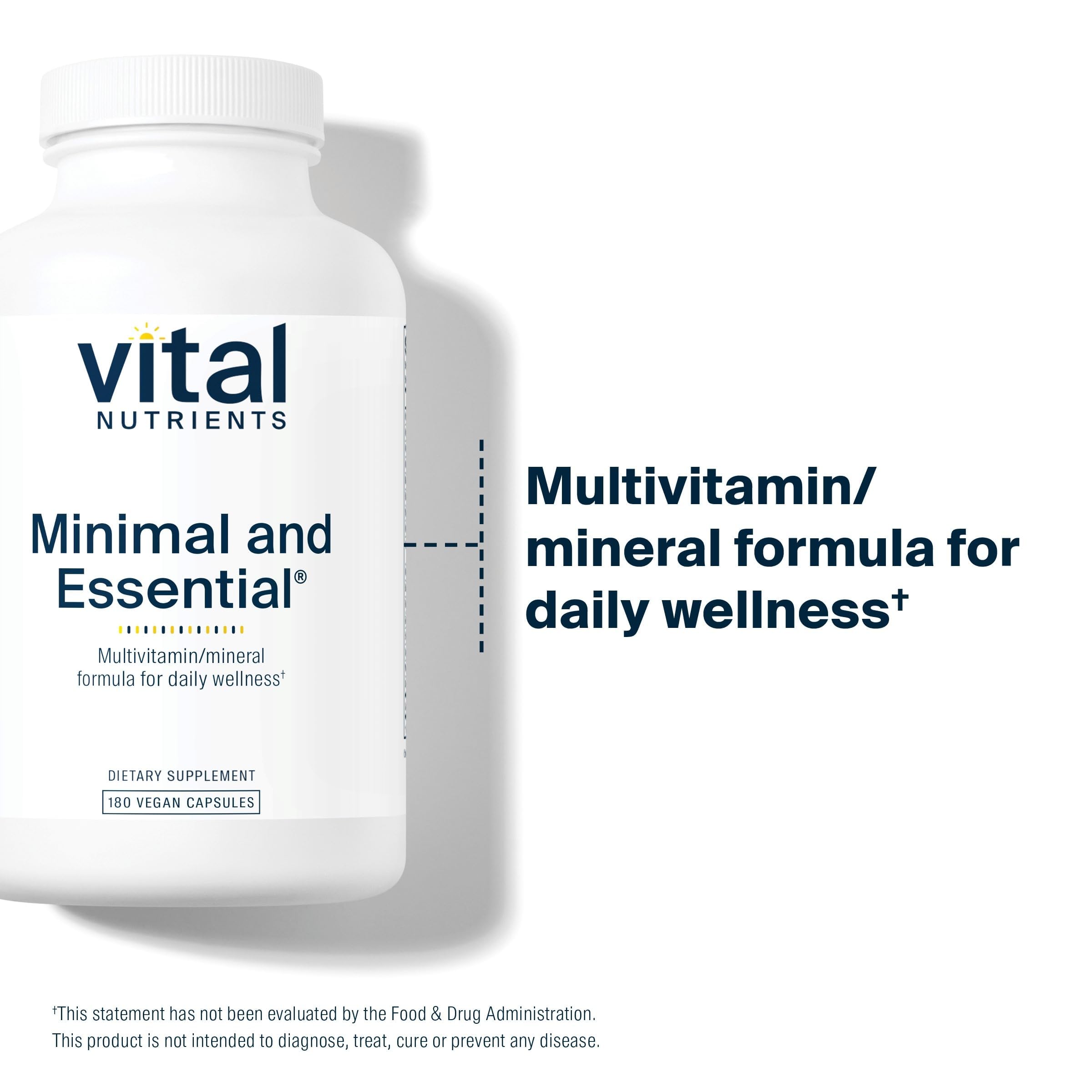 Etiqueta frontal de Vital Nutrients Minimal y Esencial con lista de nutrientes.
