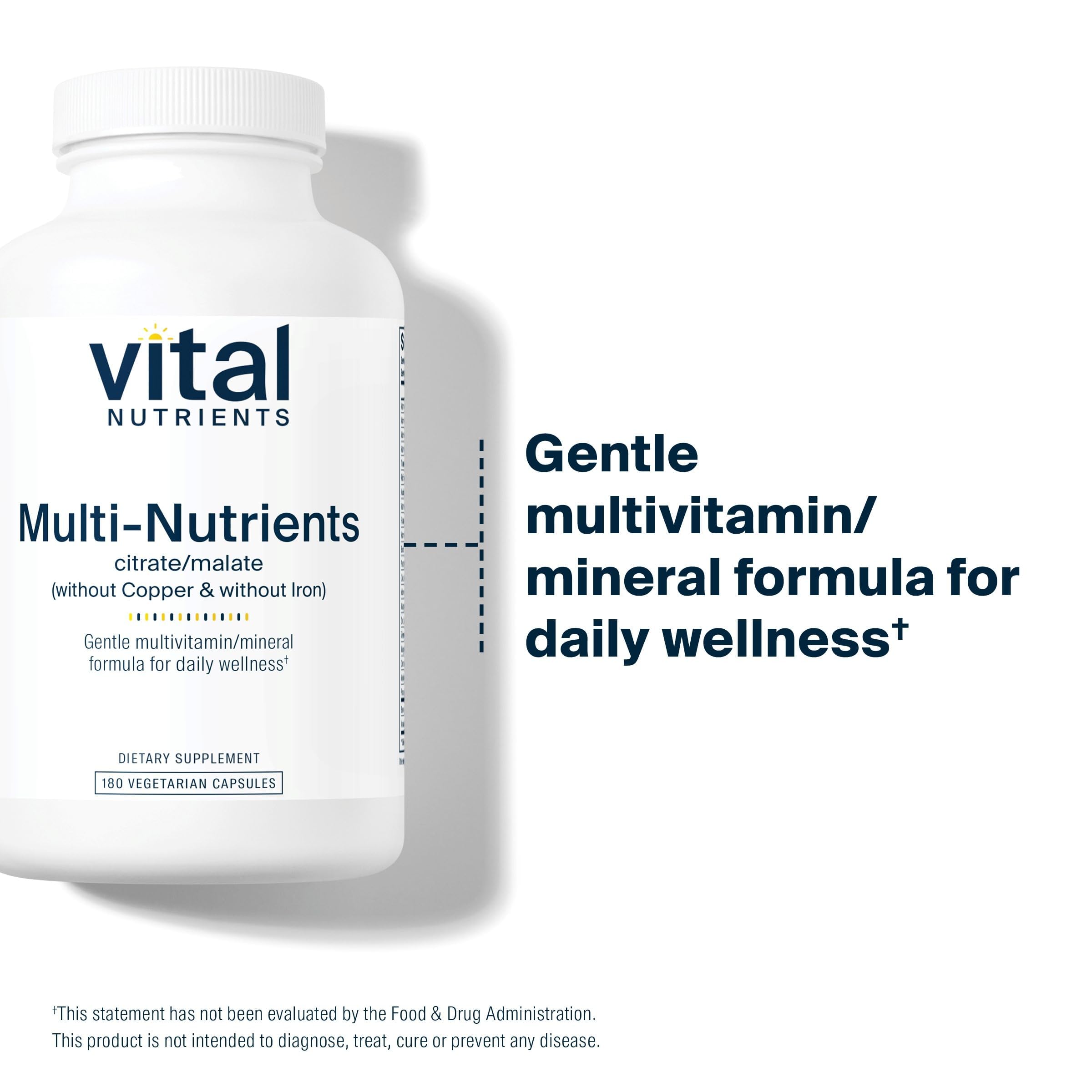 Vital Nutrients Multi-Nutrients cápsulas dentro del bote, tamaño y color visibles