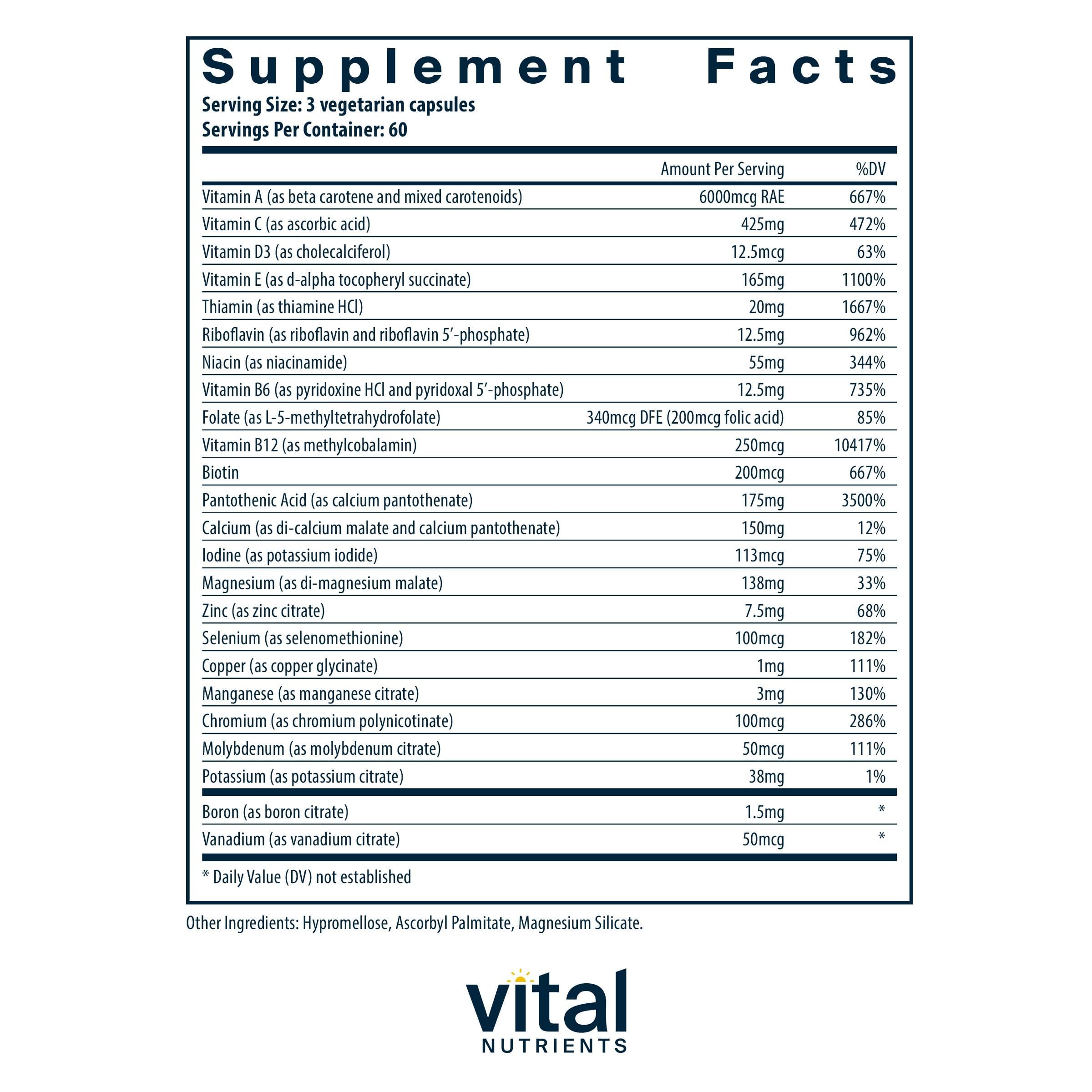 Vital Nutrients Multi-Nutrients etiqueta detalle, información de dosis y beneficios