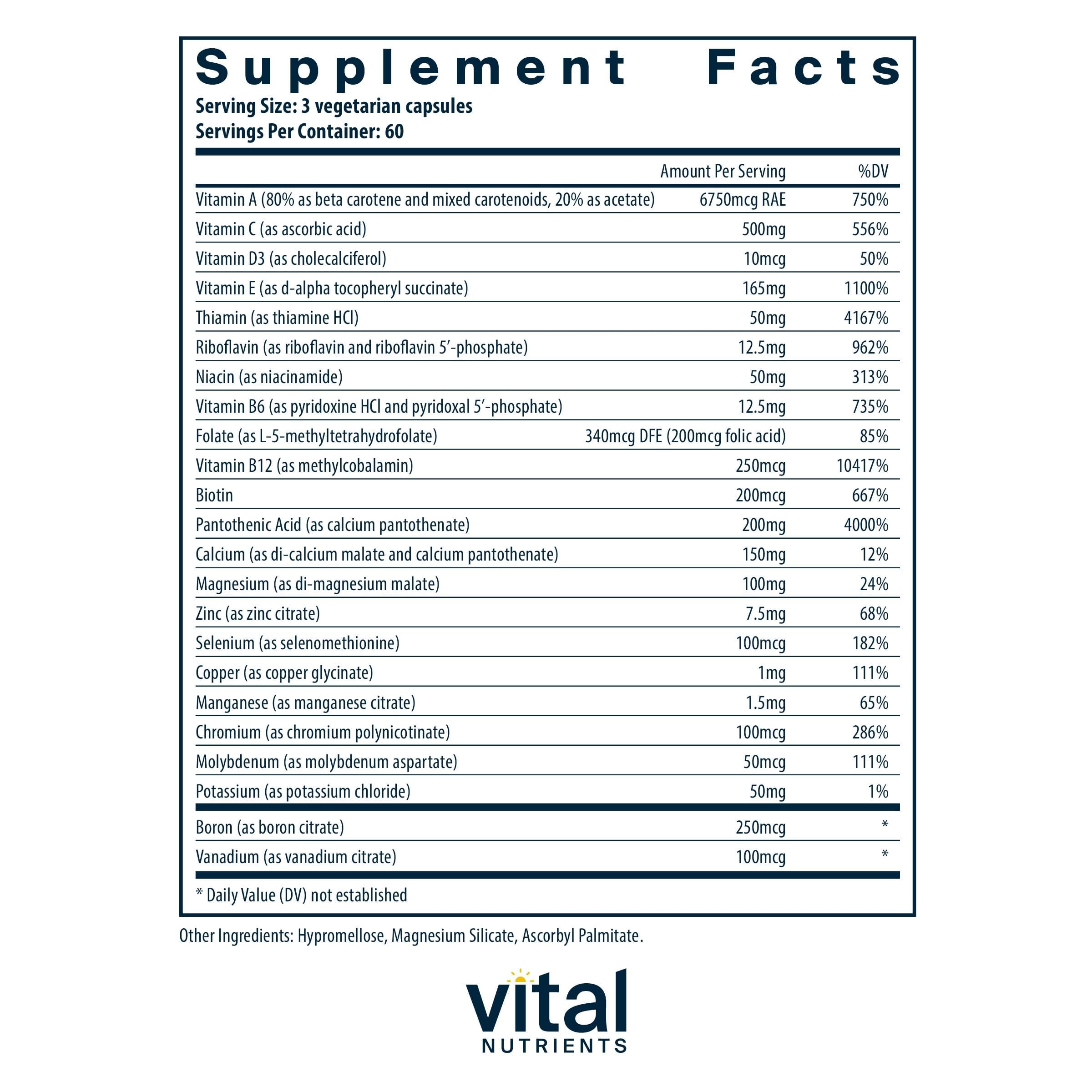 Vital Nutrients Multi-Nutrients, cápsulas; formato vegetariano para nutrición diaria sin OGM.