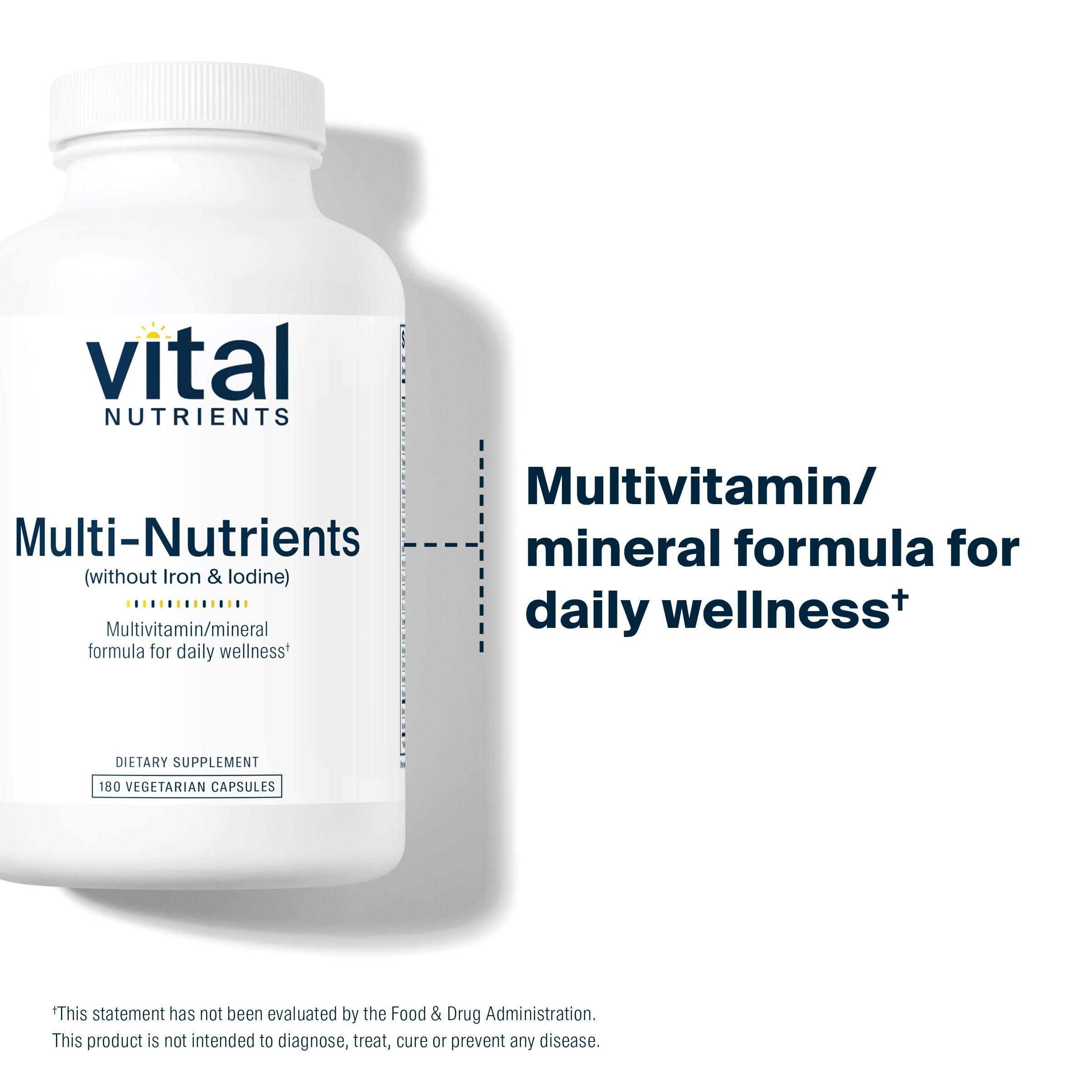 Vital Nutrients Multi-Nutrients, etiqueta frontal clara para información de pureza y potencia.