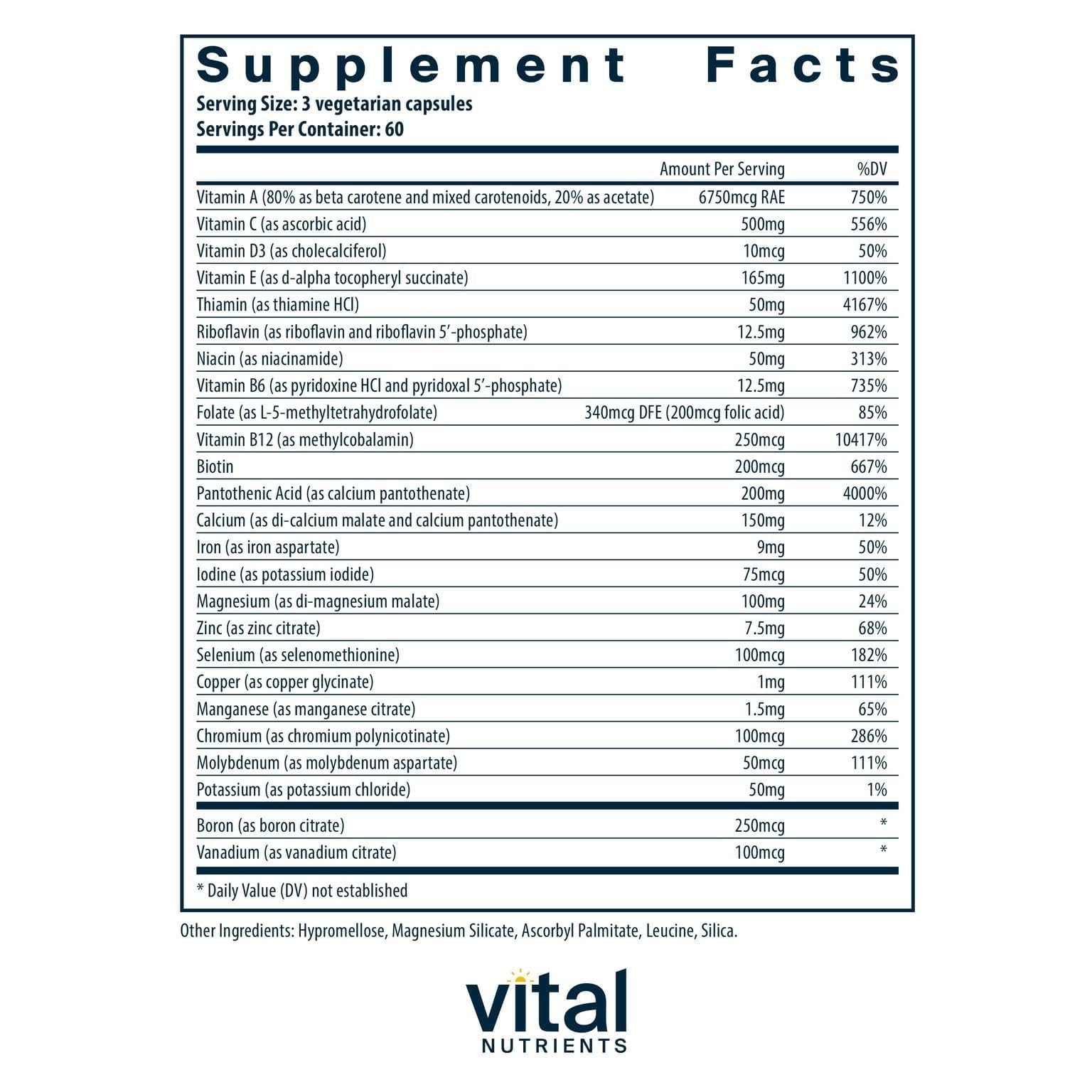 Vital Nutrients Multi-Nutrients etiqueta: información clara de ingredientes y beneficios.