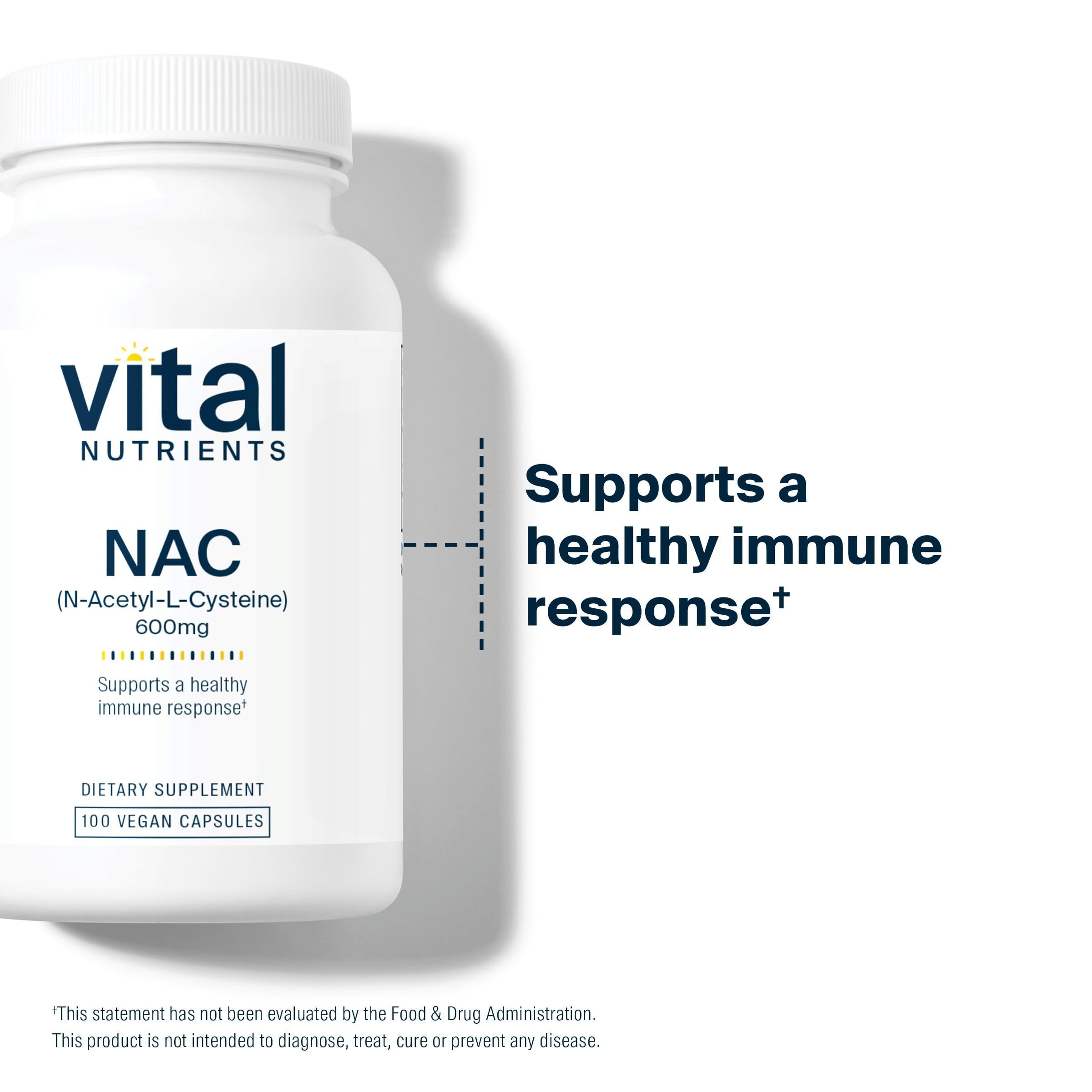 Vital Nutrients NAC 600mg, etiqueta frontal mostrando beneficio para cuidado respiratorio