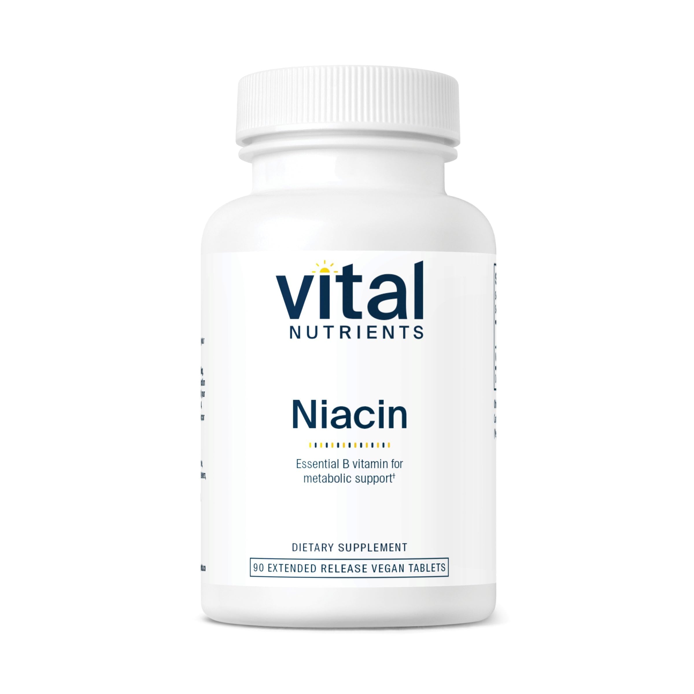 Vital Nutrients Niacin 500mg, botella frontal, apoyo al metabolismo y energía diaria