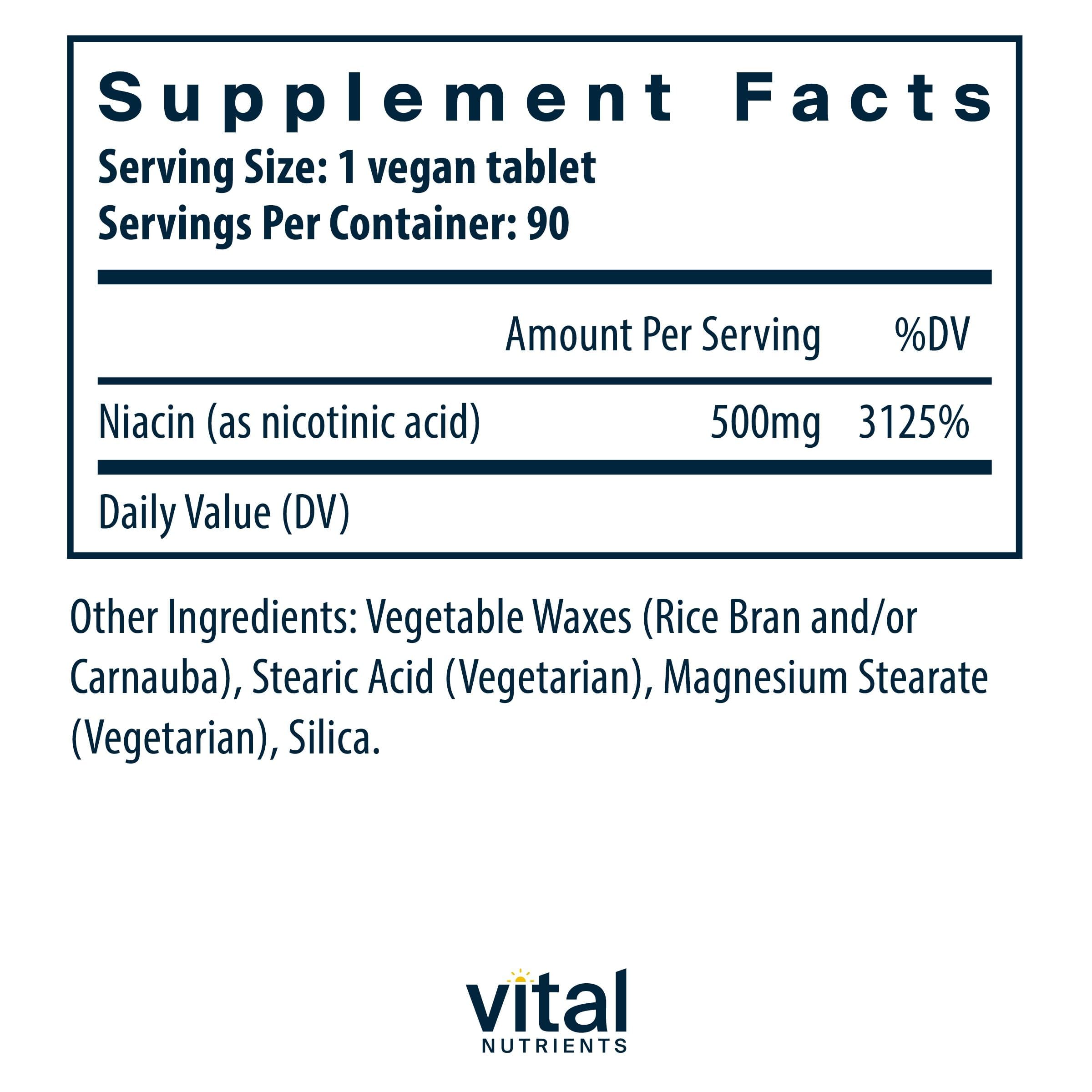 Vital Nutrients Niacin 500mg, etiqueta cercana, liberación cronometrada para energía sostenida
