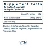 Vital Nutrients Niacin 500mg, etiqueta cercana, liberación cronometrada para energía sostenida