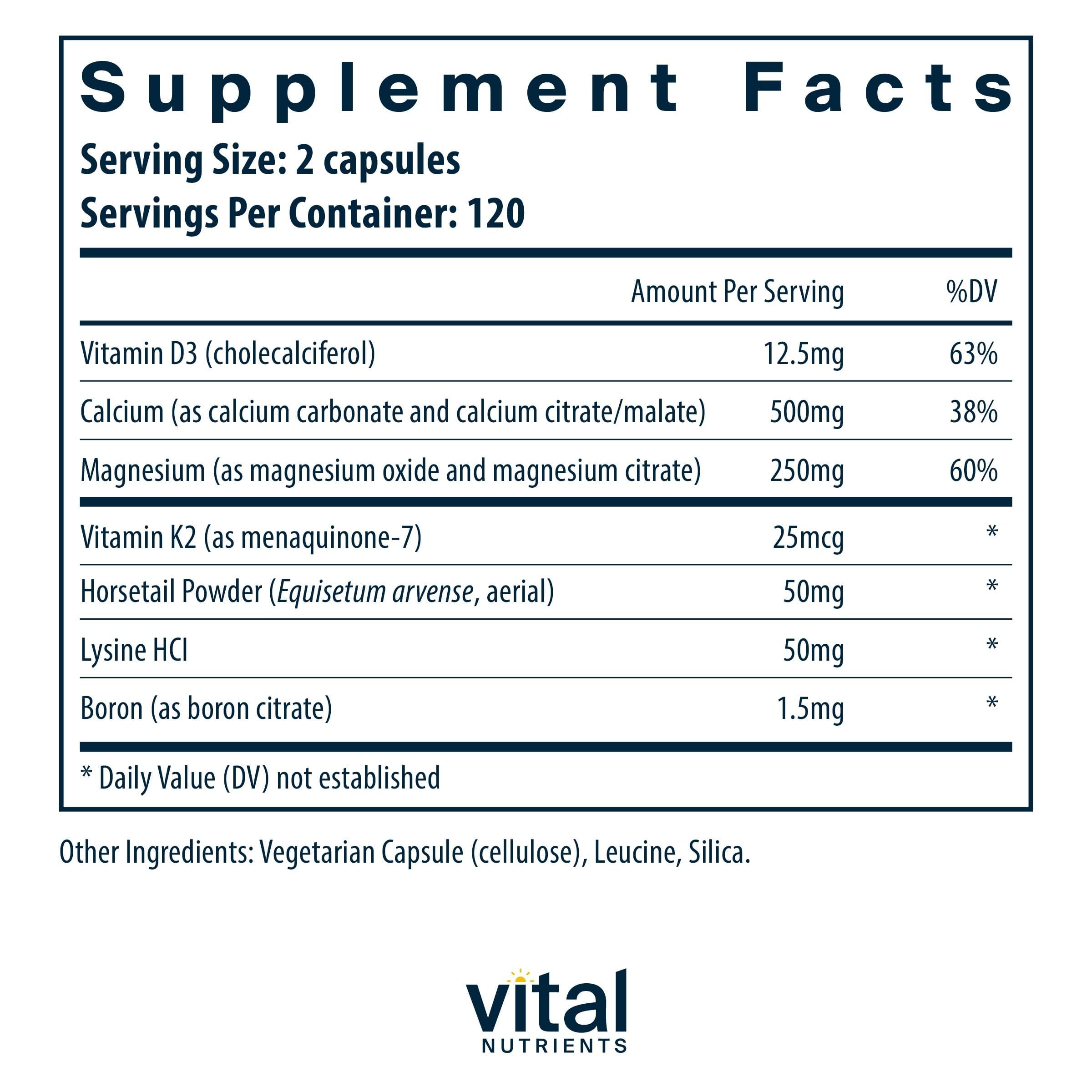 Vital Nutrients Osteo-Nutrients II, etiqueta detalle: fórmula limpia y vegetariana