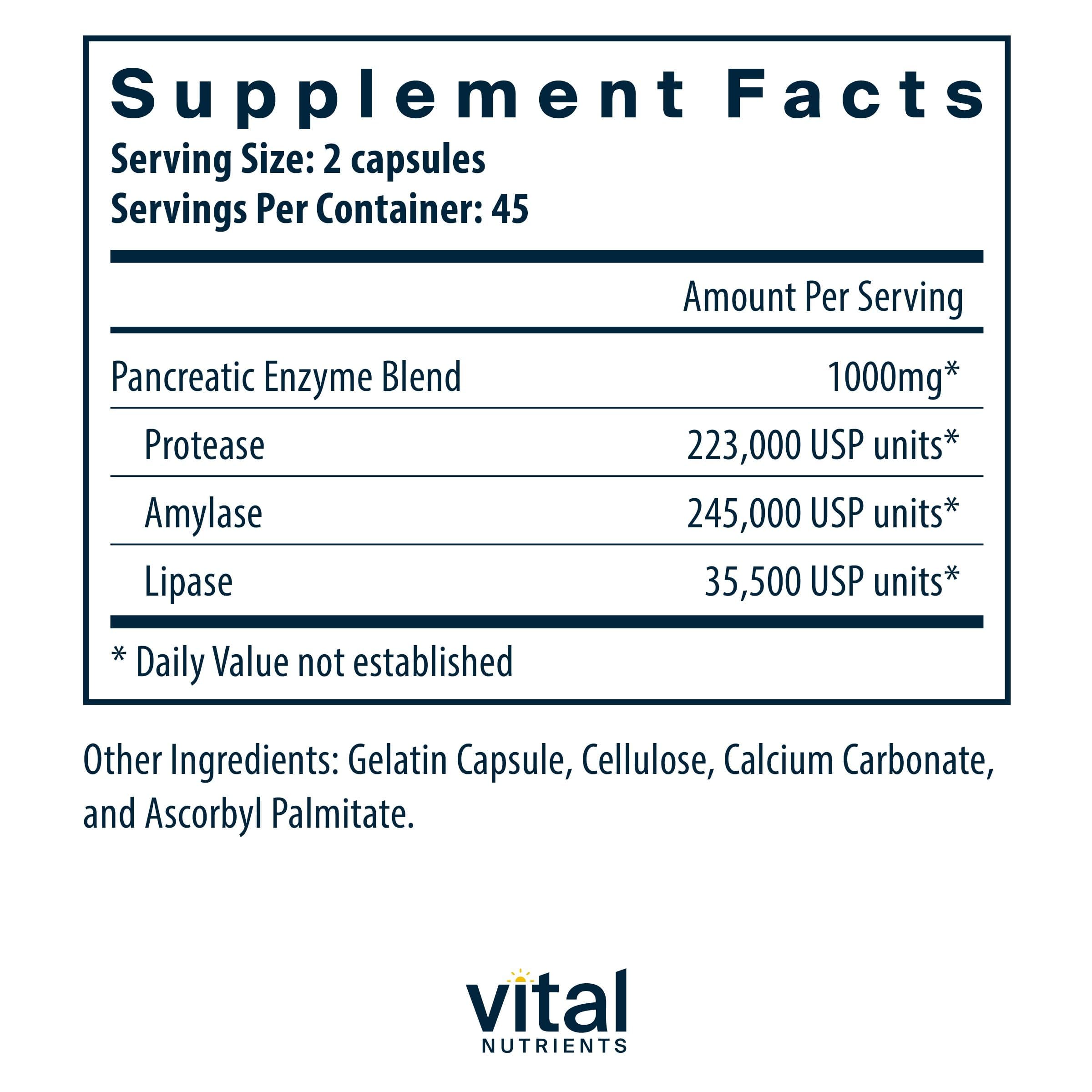Vital Nutrients Pancreatina, frasco de digestión con proteasa, amilasa y lipasa