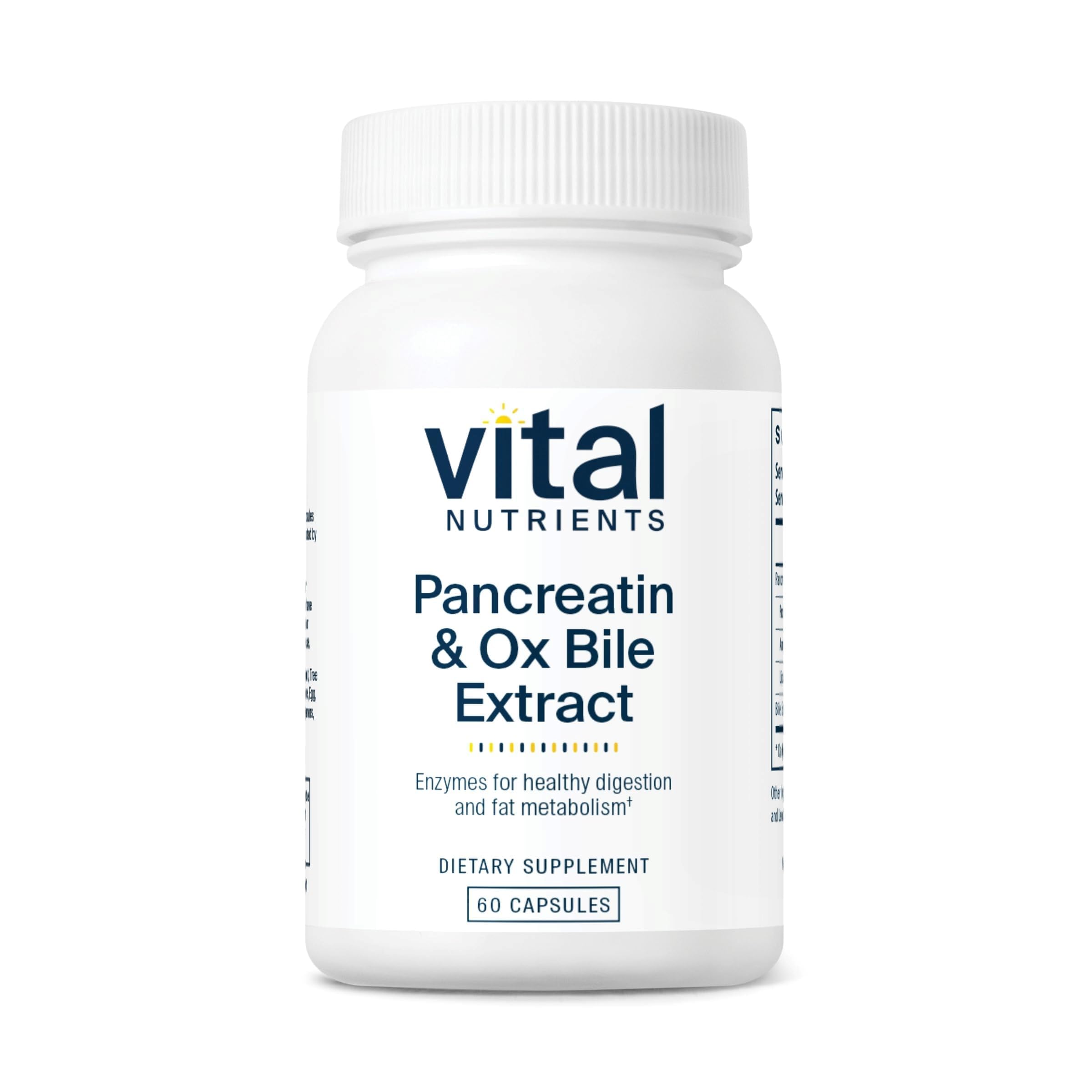 Vital Nutrients Pancreatina Ox Bile: cápsulas para apoyar digestión de proteínas y grasas.