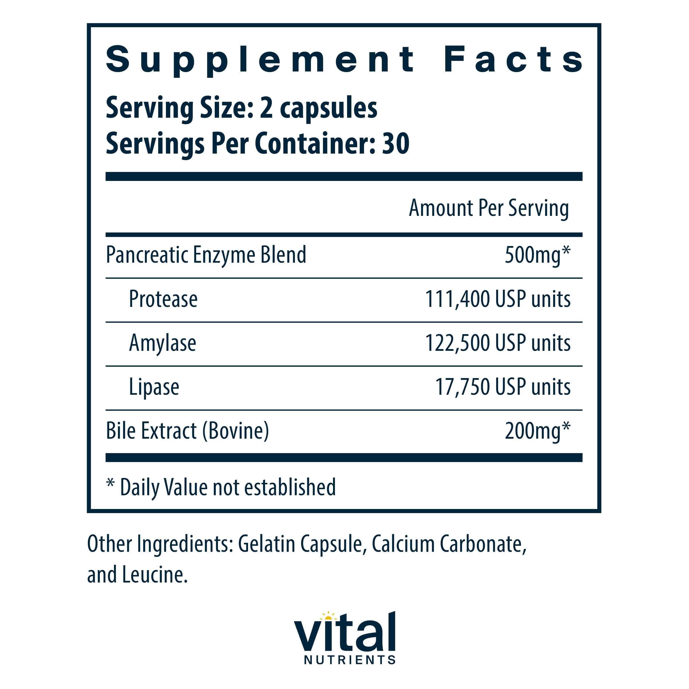 Vital Nutrients Pancreatina Ox Bile: descripción de la dosificación 3 en 1 para digestión.