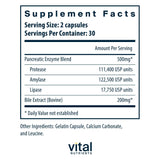 Vital Nutrients Pancreatina Ox Bile: descripción de la dosificación 3 en 1 para digestión.