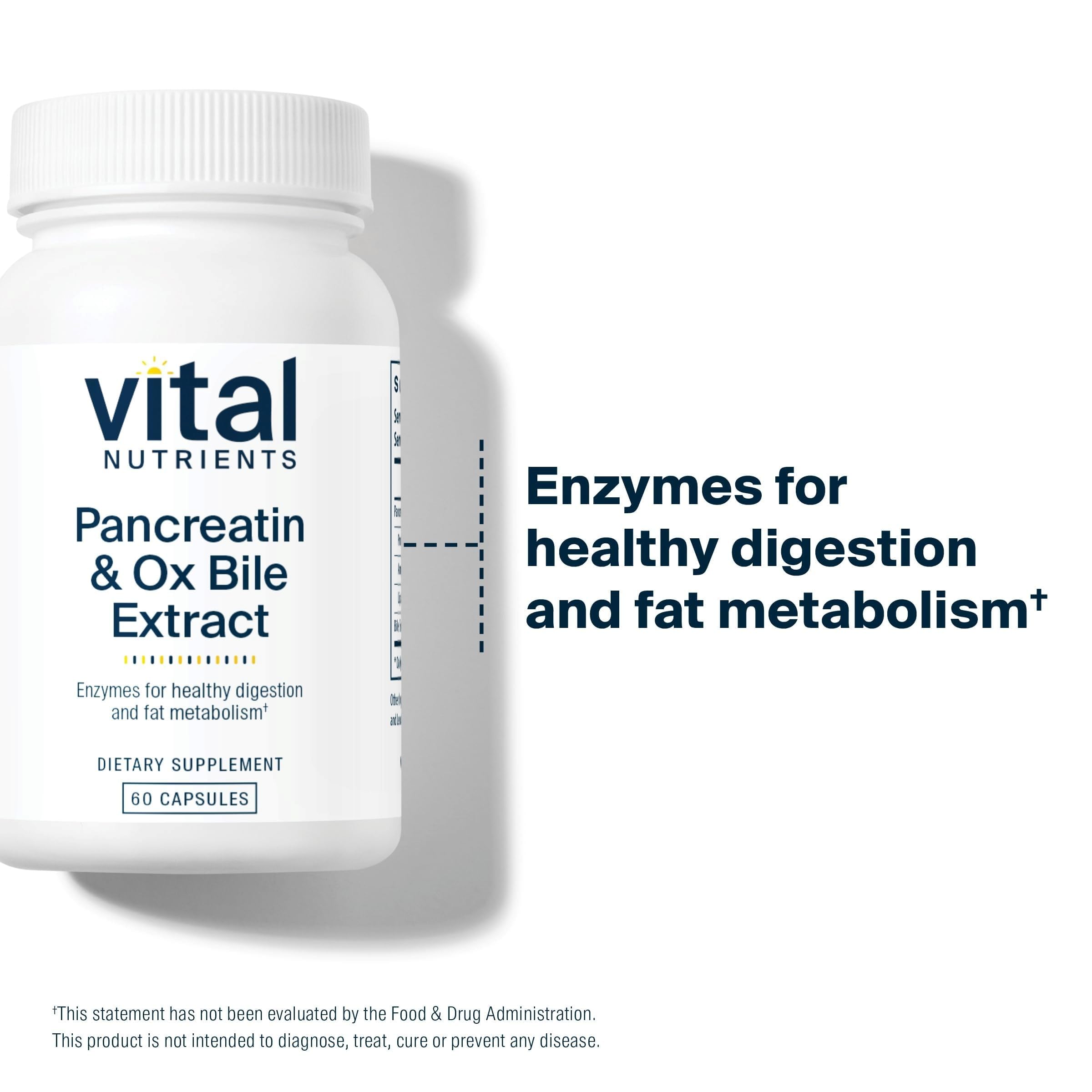 Vital Nutrients Pancreatina Ox Bile: etiqueta del producto con información detallada.