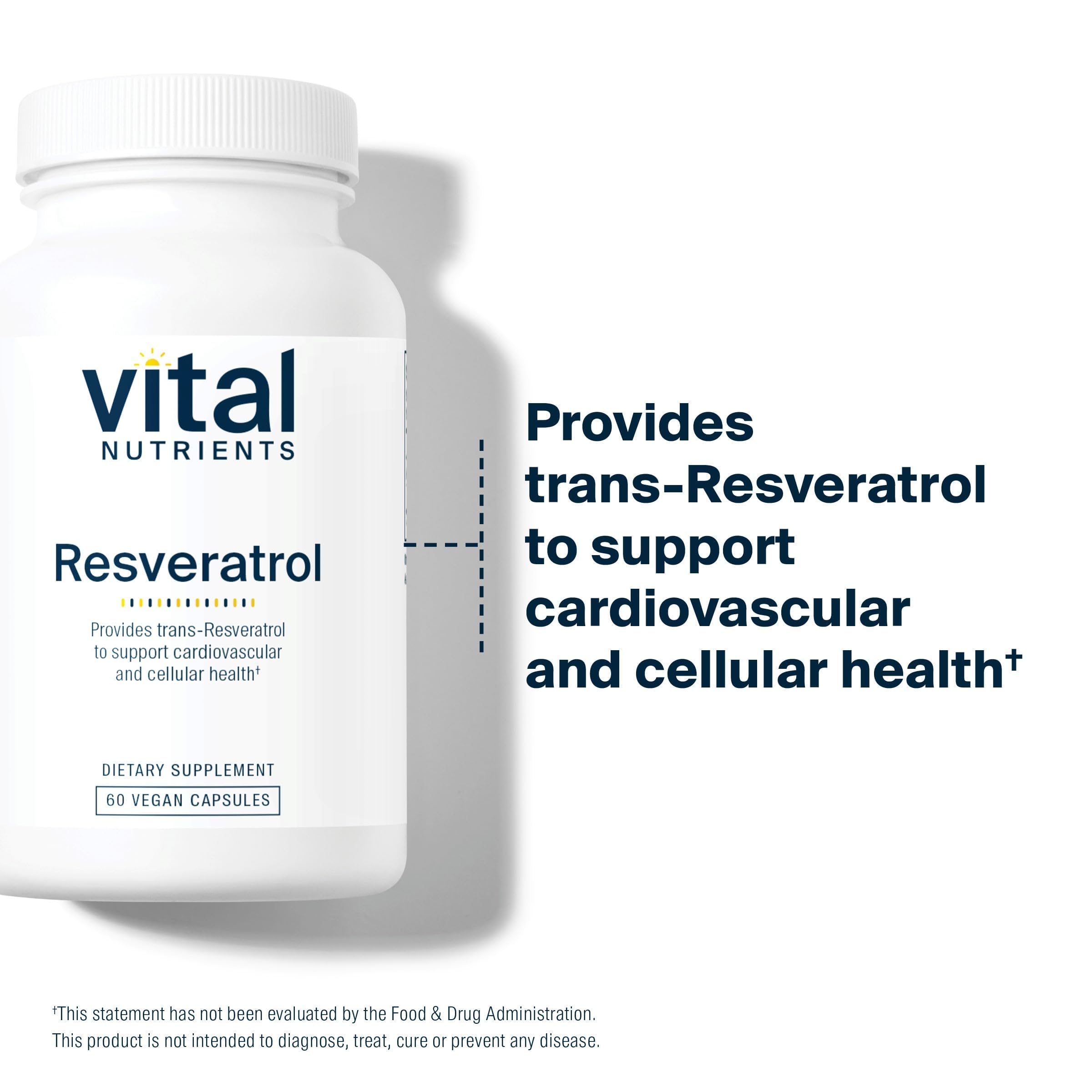 Vital Nutrients Resveratrol etiqueta frontal, garantía de pureza y potencia antioxidante
