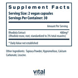 Vital Nutrients Rhodiola Rosea: etiqueta frontal que resalta la pureza de ingredientes