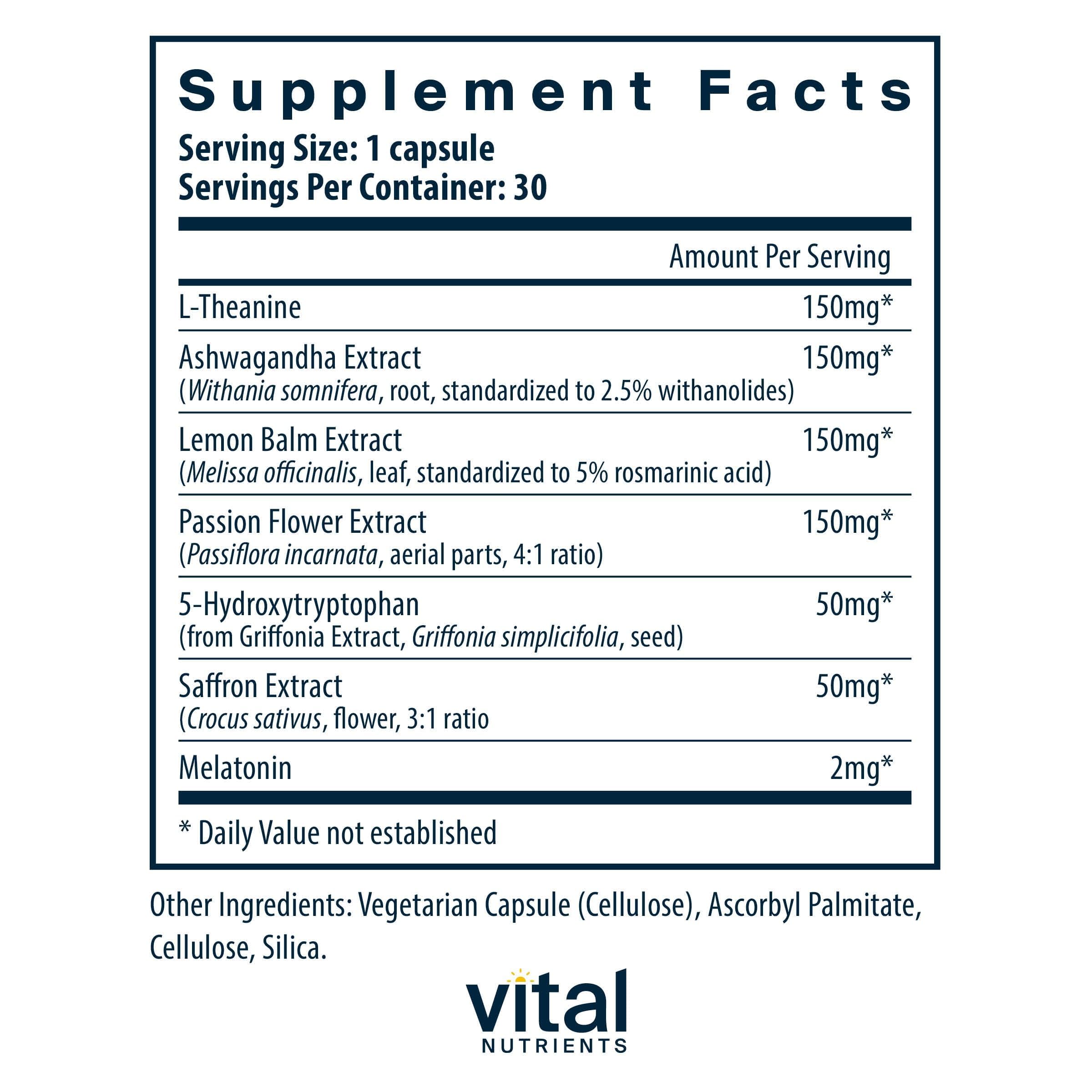 Vital Nutrients Sleep + Recover cápsulas visibles en la botella para un sueño reparador