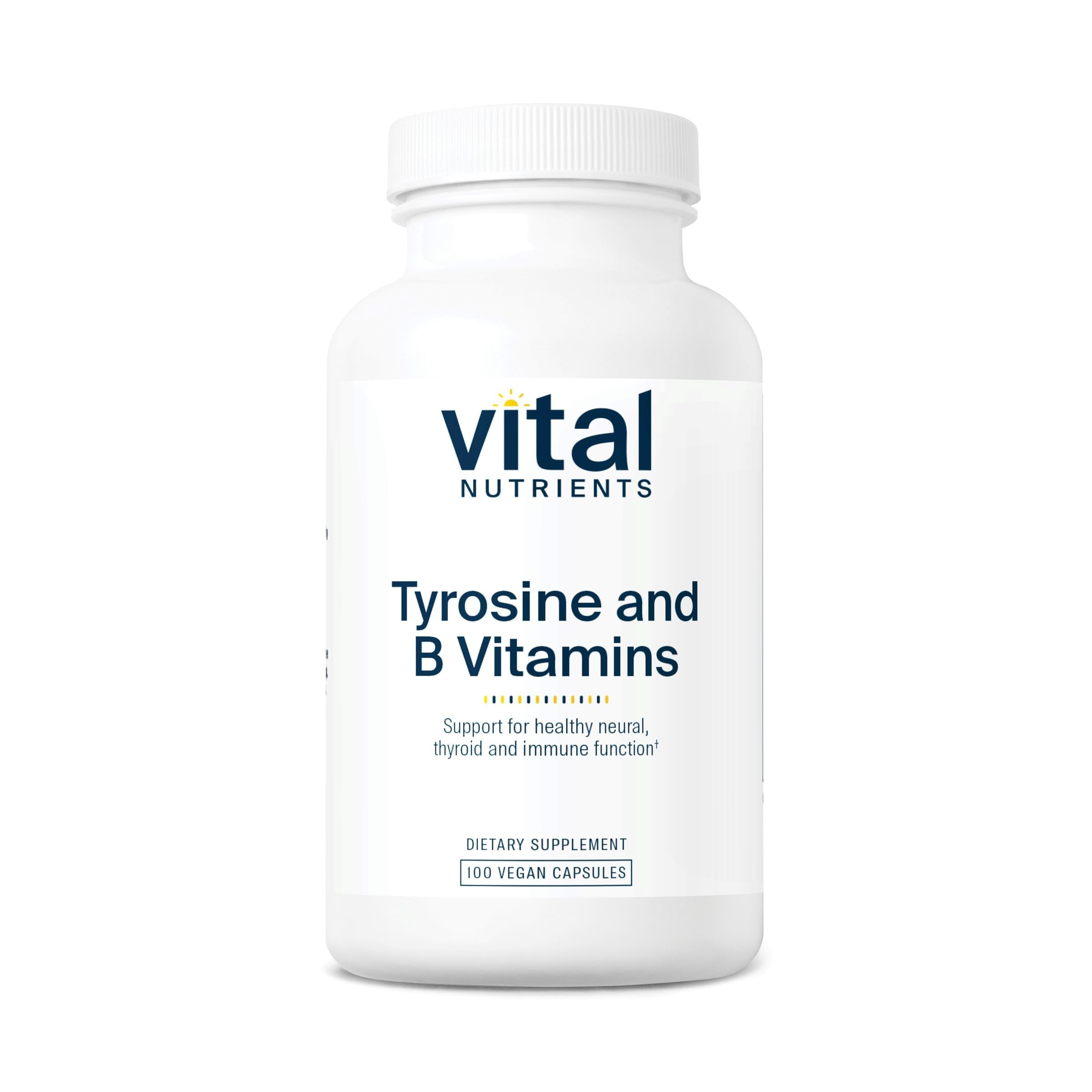 Vital Nutrients Tyrosine y Vitaminas B, botella: apoyo posible para energía diaria.