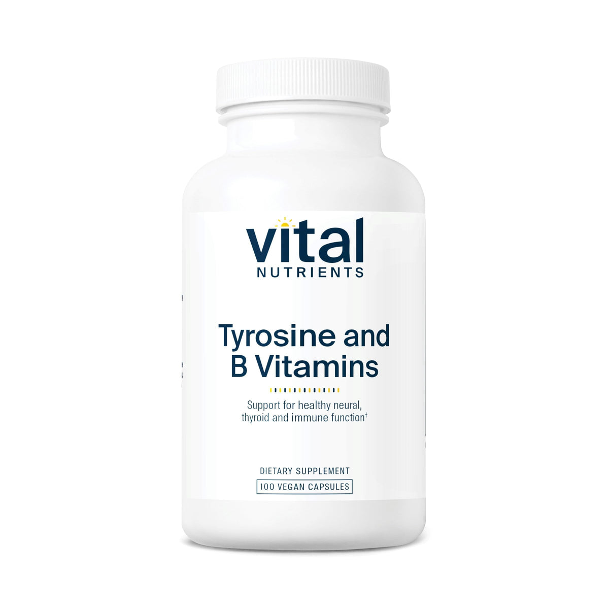Vital Nutrients Tyrosine y Vitaminas B, botella: apoyo posible para energía diaria.