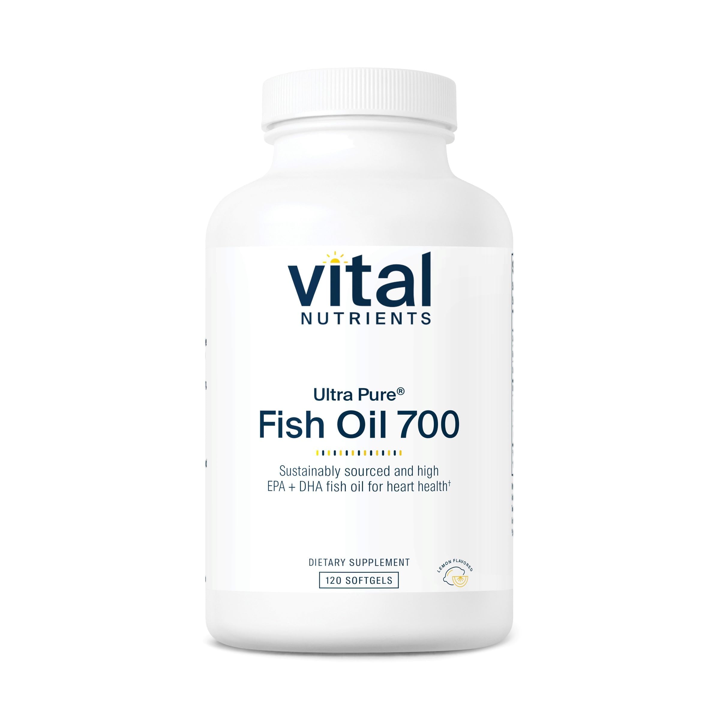 Vital Nutrients Ultra Pure Fish Oil 700: botella frontal, apoyo a la salud cardíaca.