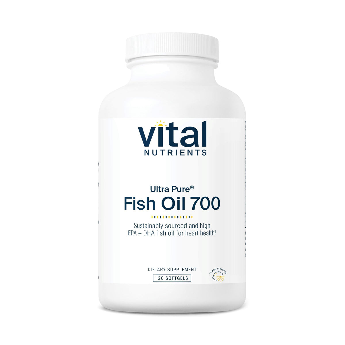 Vital Nutrients Ultra Pure Fish Oil 700: botella frontal, apoyo a la salud cardíaca.