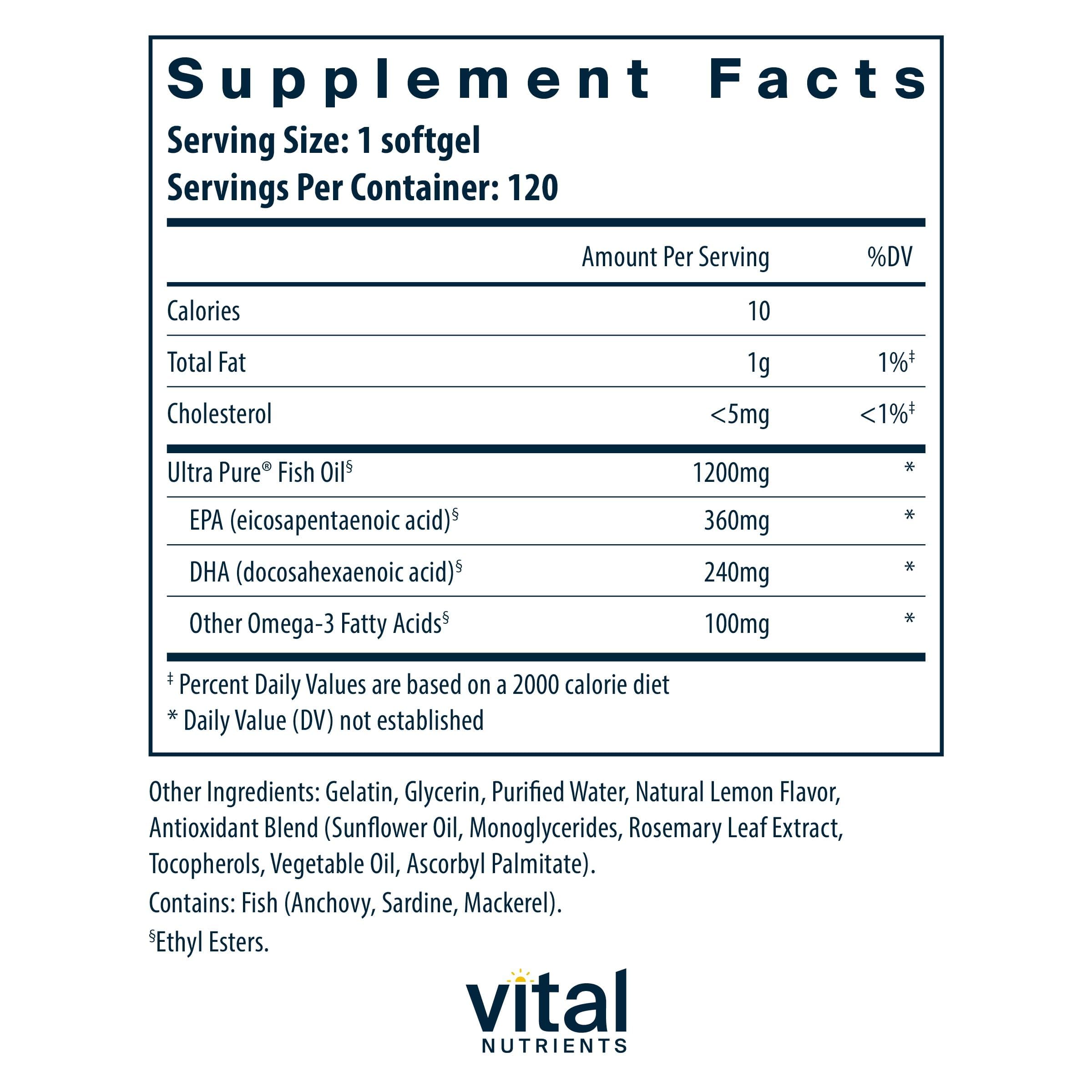 Etiqueta de Vital Nutrients Ultra Pure Fish Oil 700 con información de EPA y DHA.