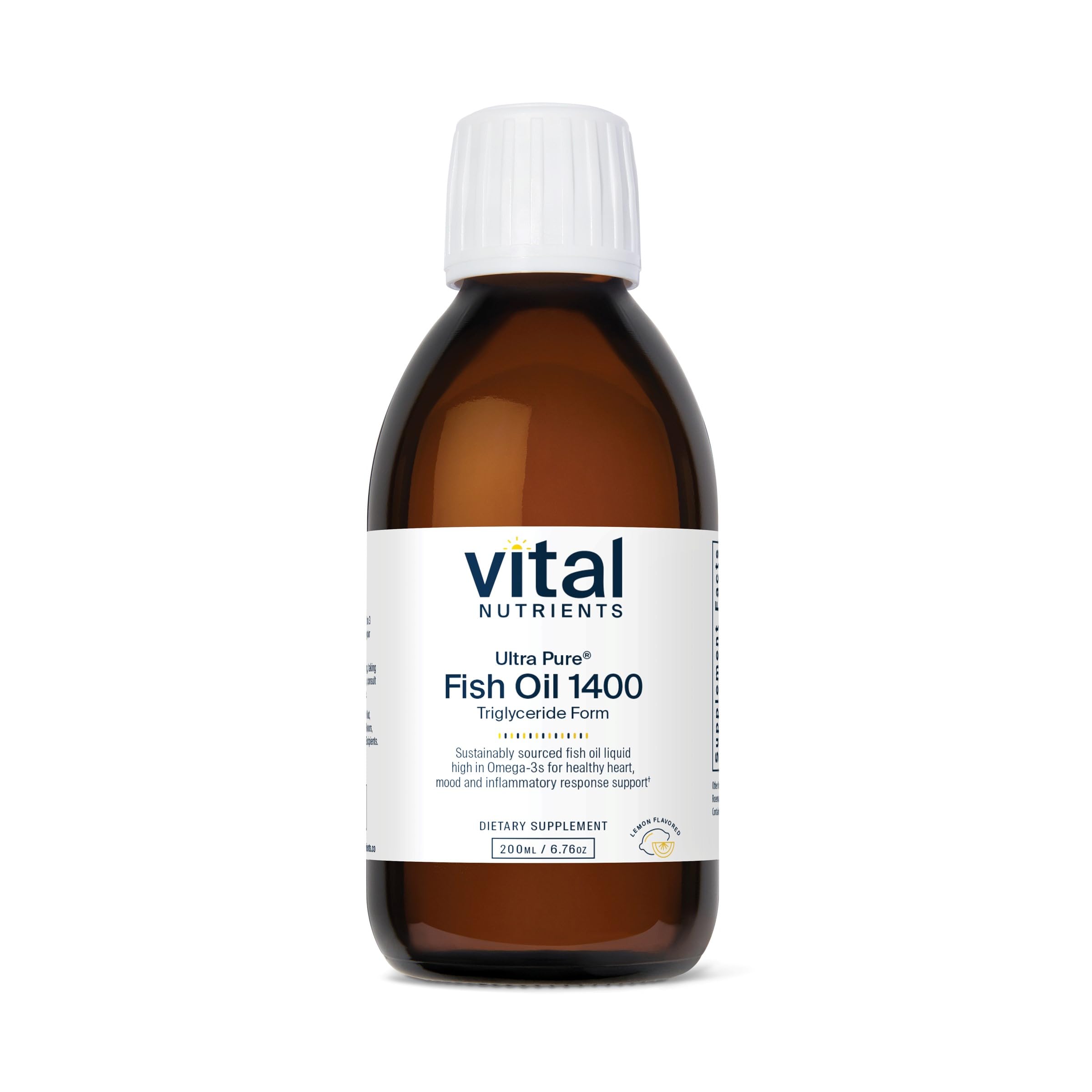 Vital Nutrients Ultra Pure Fish Oil 1400: botella vertiendo, soporte a membranas y tejidos.