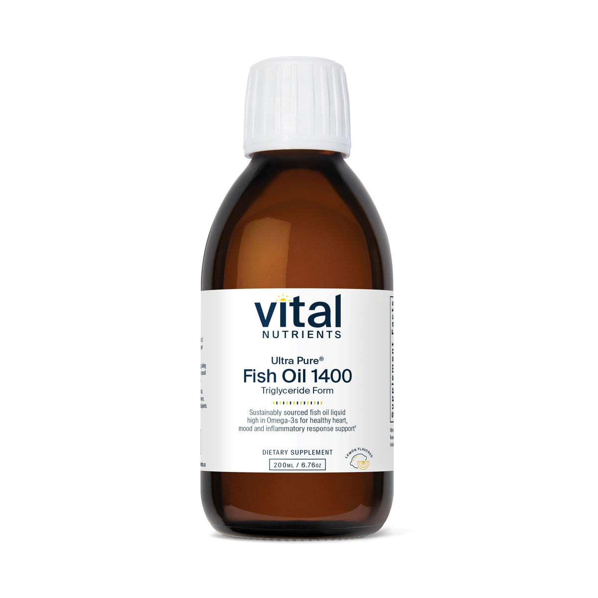 Vital Nutrients Ultra Pure Fish Oil 1400: botella vertiendo, soporte a membranas y tejidos.