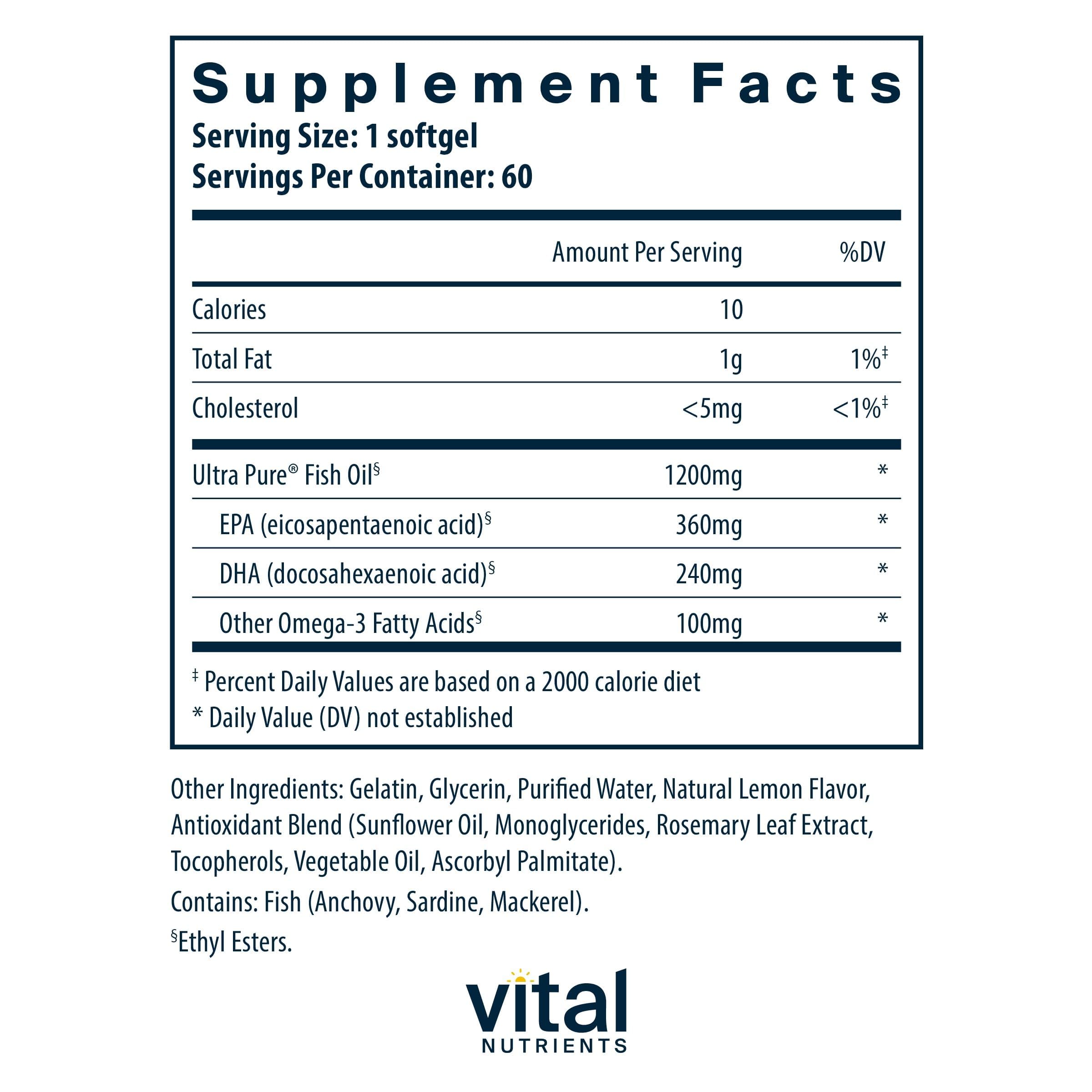 Vital Nutrients Ultra Pure Fish Oil 700 - cápsulas que entregan EPA y DHA en dosis combinadas.