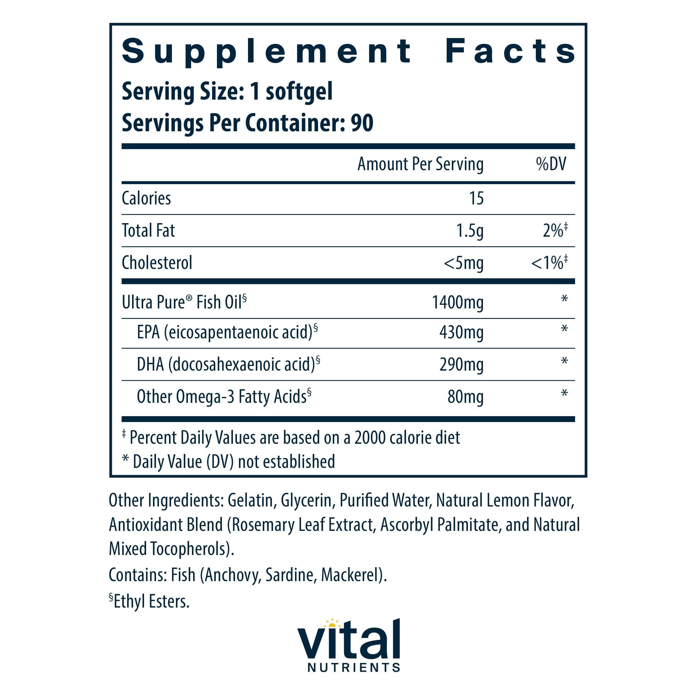 Vital Nutrients Ultra Pure Fish Oil 800 botella frontal para omega-3 diario