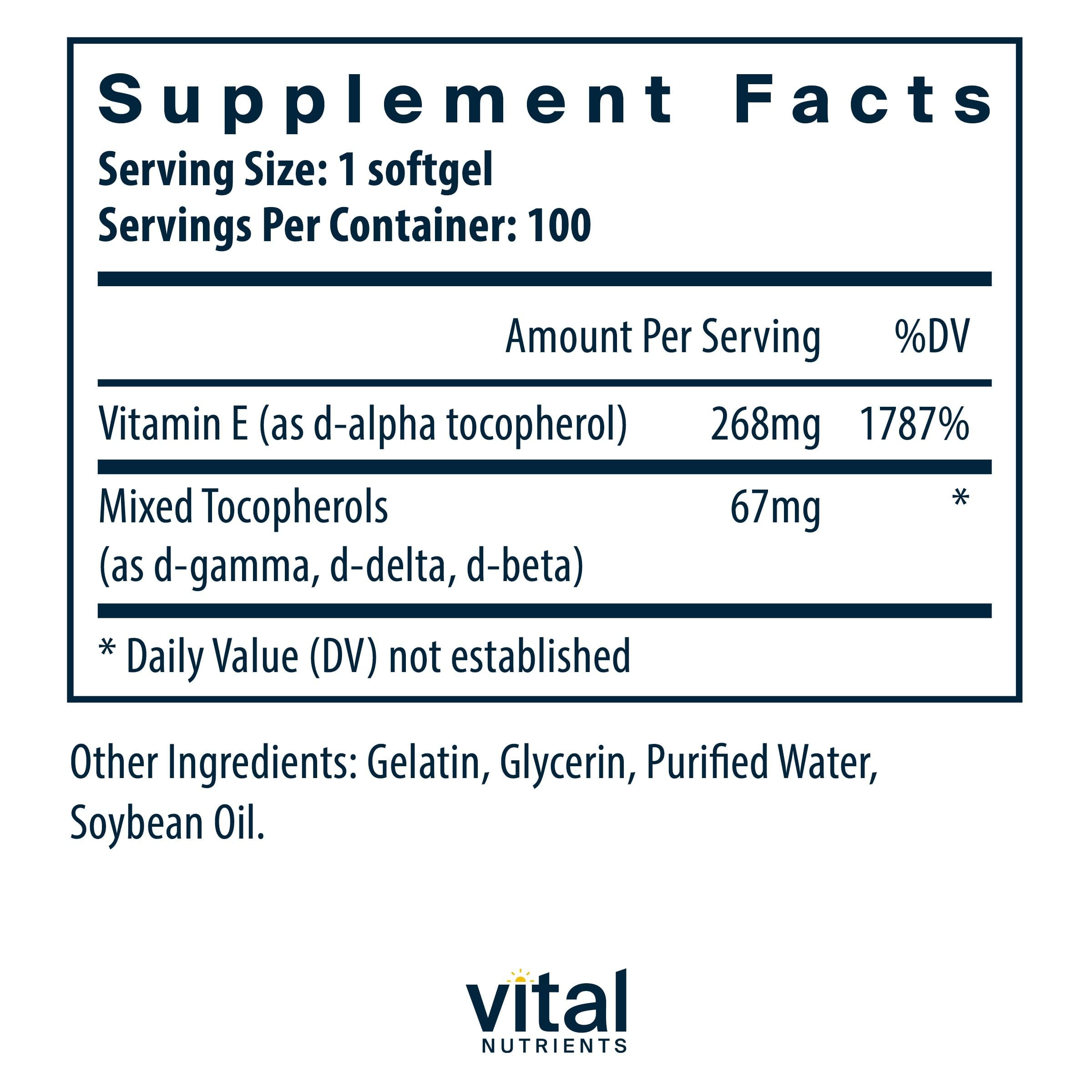 Etiqueta del producto Vital Nutrients Vitamin E tocopheroles