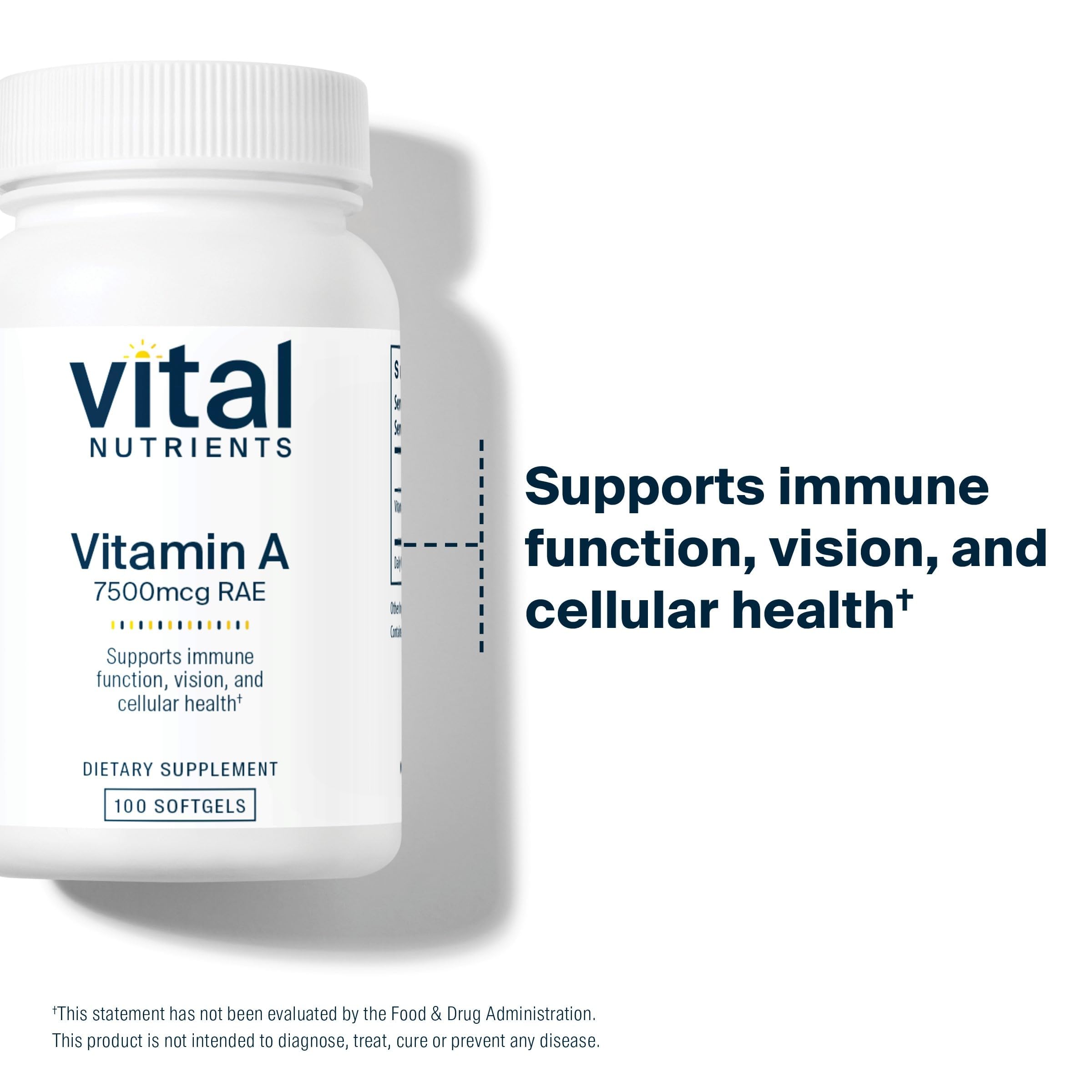 Vital Nutrients Vitamina A 7500mcg, cápsulas diarias para apoyar inmunidad y piel