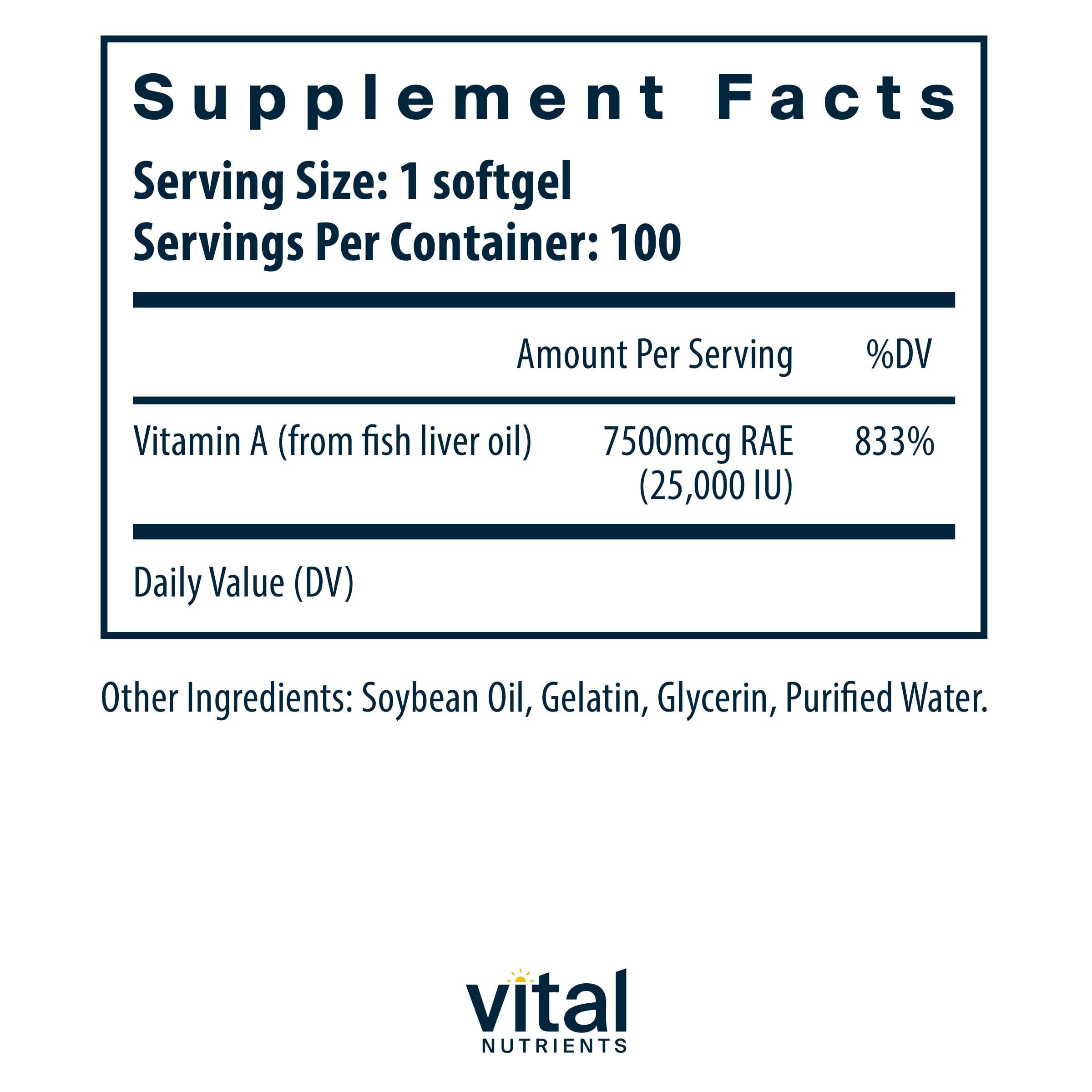 Vital Nutrients Vitamina A 7500mcg, etiqueta clara para compra informada