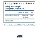 Vital Nutrients Vitamina A 7500mcg, etiqueta clara para compra informada